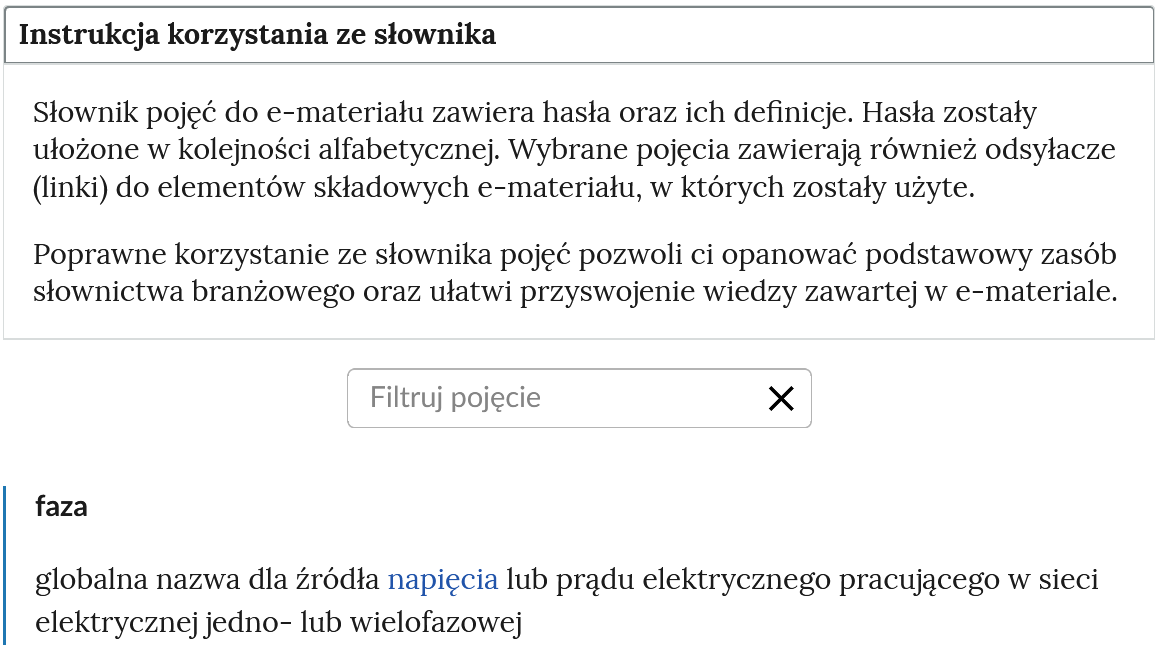 Ilustracja przedstawia widok na górną część słownika. Na samej górze znajduje się otwarty panel z treścią instrukcji. Poniżej widnieje pole do filtrowania haseł. Na dole znajduje się hasło oraz definicja.