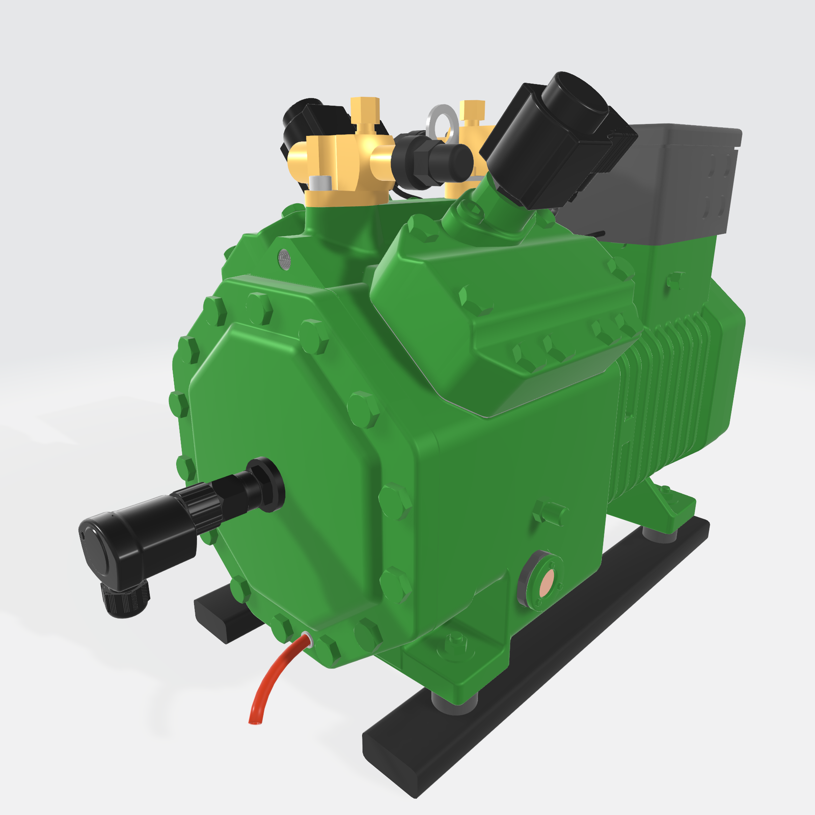 Przedstawiona grafika ukazuje model sprężarki dwutłokowej. Korpus ma złożony, wielościanowy kształt zbliżony do prostopadłościanu, na którego powierzchni znajdują się wypukłości w postaci prostopadłościanów, cylindrów oraz walców. Bazę konstrukcji stanowi prostopadłościan, natomiast wypukłości te pojawiają się na różnych jego ścianach. W części górnej widoczne są dwa cylindry zakończone zaworami a także głowica w kształcie walca z nakrętką. Na ścianie przedniej widoczny jest wał korbowy. Na powierzchni korpusu w części dolnej widoczne jest także okienko  wskazania poziomu oleju. Korpus urządzenia wyposażony jest w nóżki.  