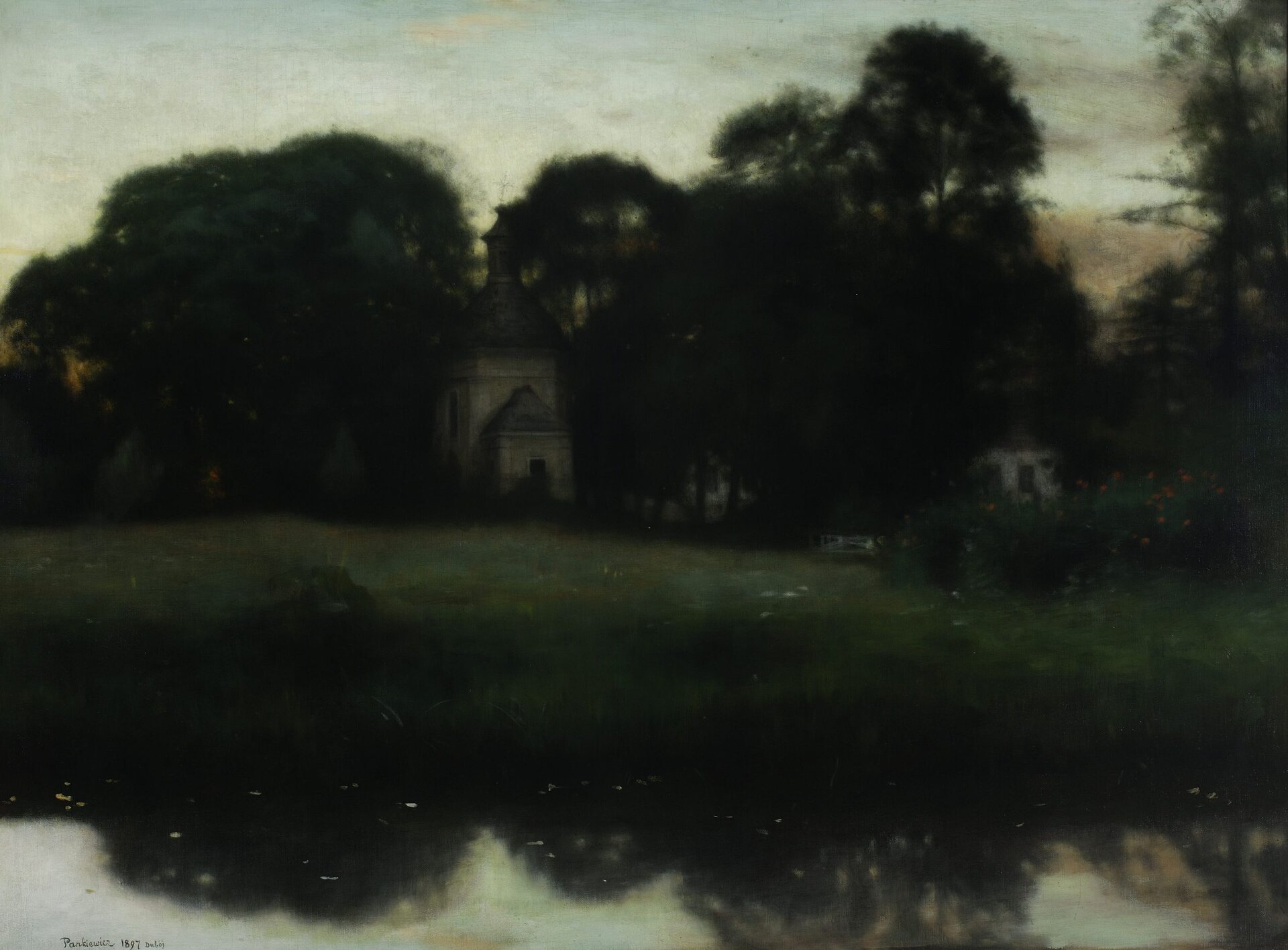 Obraz przedstawia staw, w którym odbija się jasne niebo oraz drzewa. Dalej ukazana jest zielona łąka. Po prawej stronie obrazu, na drugim planie znajdują się krzewy. Na środku obrazu znajduje się mały kościół. Po jego prawej oraz lewej stronie znajdują się wysokie drzewa.   