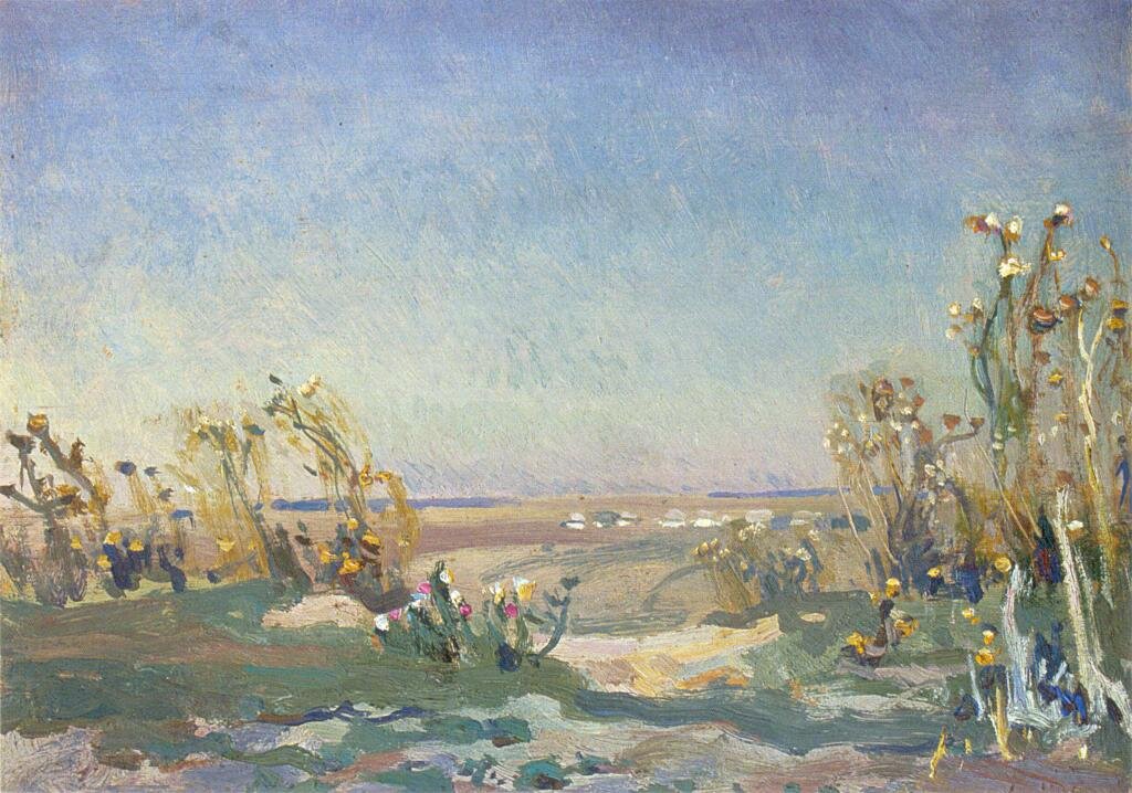 Kliknij, aby powiększyć. Obraz przedstawia łąkę. Na pierwszym planie widoczne są rośliny kwitnące w różnych kolorach. W oddali pola. Niebo bezchmurne. Elementy obrazu są rozmyte. Na obrazie przeważa pastelowa kolorystyka, głównie odcienie niebieskiego, zielonego oraz żółtego.