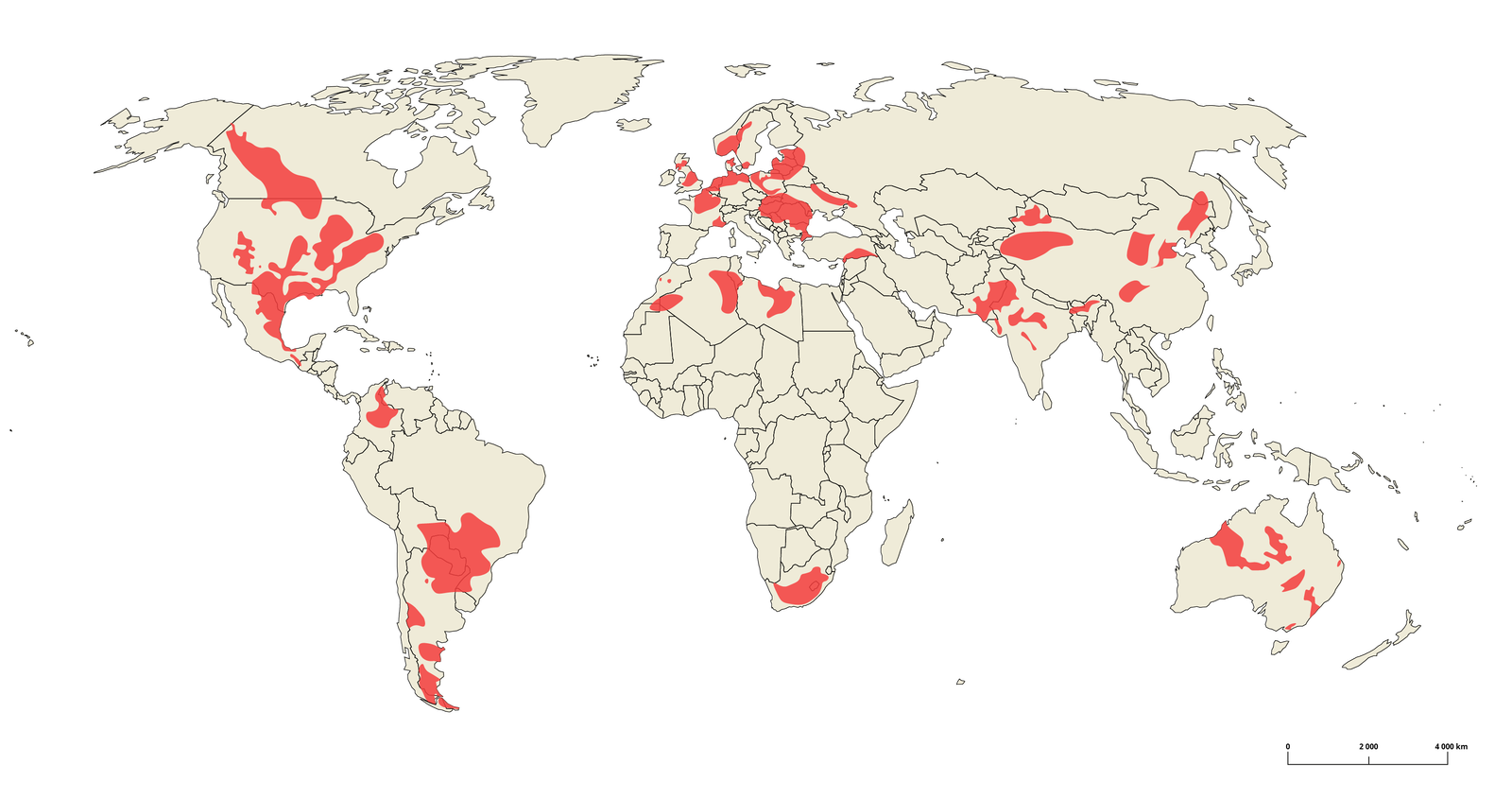 Występowanie złóż gazu ziemnego Na mapie świata zaznaczono występowanie złóż gazu ziemnego: południowo‑zachodnia Kanada, centralne i wschodnie Stany Zjednoczone, wschodnia część Meksyku, północno‑wschodnia i centralna Kolumbia, środkowa część Ameryki Południowej, północna Argentyna, południowa Argentyna i Chile, RPA, Algieria, Libia, znaczna część krajów europejskich, między innymi obszary występowania gazu ziemnego zaznaczono zachodnie i południowe obszary Polski, północną Francję, północne Niemcy, Belgię, Holandię, Wielką Brytanię, Litwę, Łotwę, Estonię, wschodnią Ukrainę, Rumunię, Austrię; południowo‑wschodnią Turcję, północne Indie, południowo‑wschodni Pakistan, północno‑zachodnie i wschodnie Chiny, obszary w środkowej Australii i na południowym‑wschodzie.