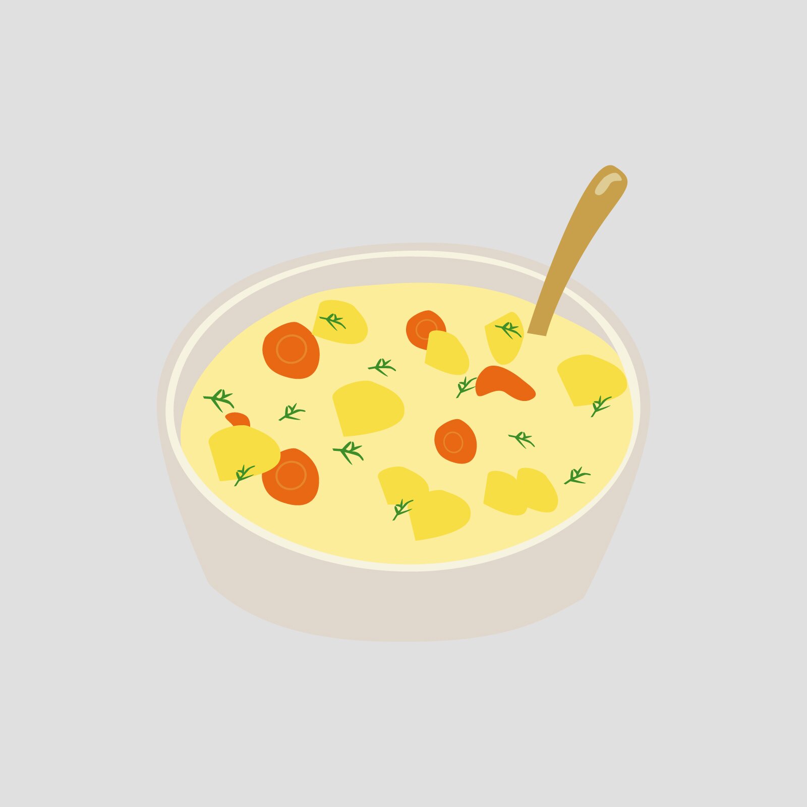 Ilustracja przedstawia miskę pełną żółtej zupy. W zupie widoczne są różne składniki, takie jak koperek i marchewka. Z miski wystaje łyżeczka.
