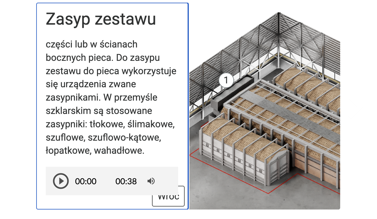 Ilustracja przedstawia przykładowy widok grafiki interaktywnej. Ukazany jest szczegółowy opis elementu oznaczonego numerem jeden na ilustracji. Opis: Zasyp zestawu. Odbywa się w części pieca nazwanej otworem zasypowym. W zależności od wielkości pieca oraz rodzaju wytwarzanych z masy szklanej wyrobów otwory zasypowe mogą znajdować się w tylnej części lub w ścianach bocznych pieca. Do zasypu zestawu do pieca wykorzystuje się urządzenia zwane zasypnikami. W przemyśle szklarskim są stosowane zasypniki: tłokowe, ślimakowe, szuflowe, szuflowo‑kątowe, łopatkowe, wahadłowe. Pod opisem znajduje się pasek nawigacji do nagrania dźwiękowego. 