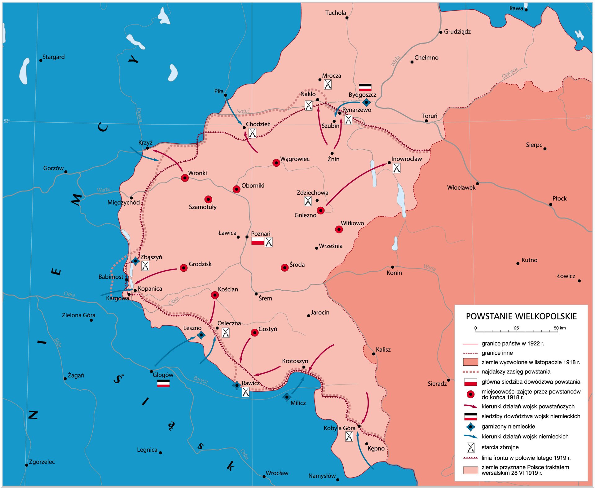 Kliknij, aby powiększyć Mapa Powstanie wielkopolskie. Zawiera informacje o działaniach zbrojnych na terenie Wielkopolski. Na mapie zaznaczone są: ziemie przyznane Polsce traktatem wersalskim 28 czerwca 1919r.,
miejsca bitew, siedziby dowództwa wojsk niemieckich.
Ziemie przyznane Polsce traktatem wersalskim 28 czerwca 1919r.: Wielkopolska.
Miejsca bitew z przebiegu powstania wielkopolskiego: Inowrocław; Zdziechowa; - Poznań; Osieczna; Kobyla Góra; Zbąszyń; Nakło;
Rawicz; Chodzież; Mrocza; Rynarzewo.
Siedziby dowództwa niemieckiego:
Bydgoszcz; Głogów.
Główna siedziba dowództwa powstania:
Poznań.
Miejscowości zajęte przez powstańców do końca 1918r.: Gostyń; Kościań; Grodzisk; Środa; - Witkowo; Gniezno; Szamotuły; Wronki; Oborniki;
Wągrowiec.
Miejsca garnizonów niemieckich: Milicz; Leszno;
Zbąszyń, Rawicz; Bydgoszcz.