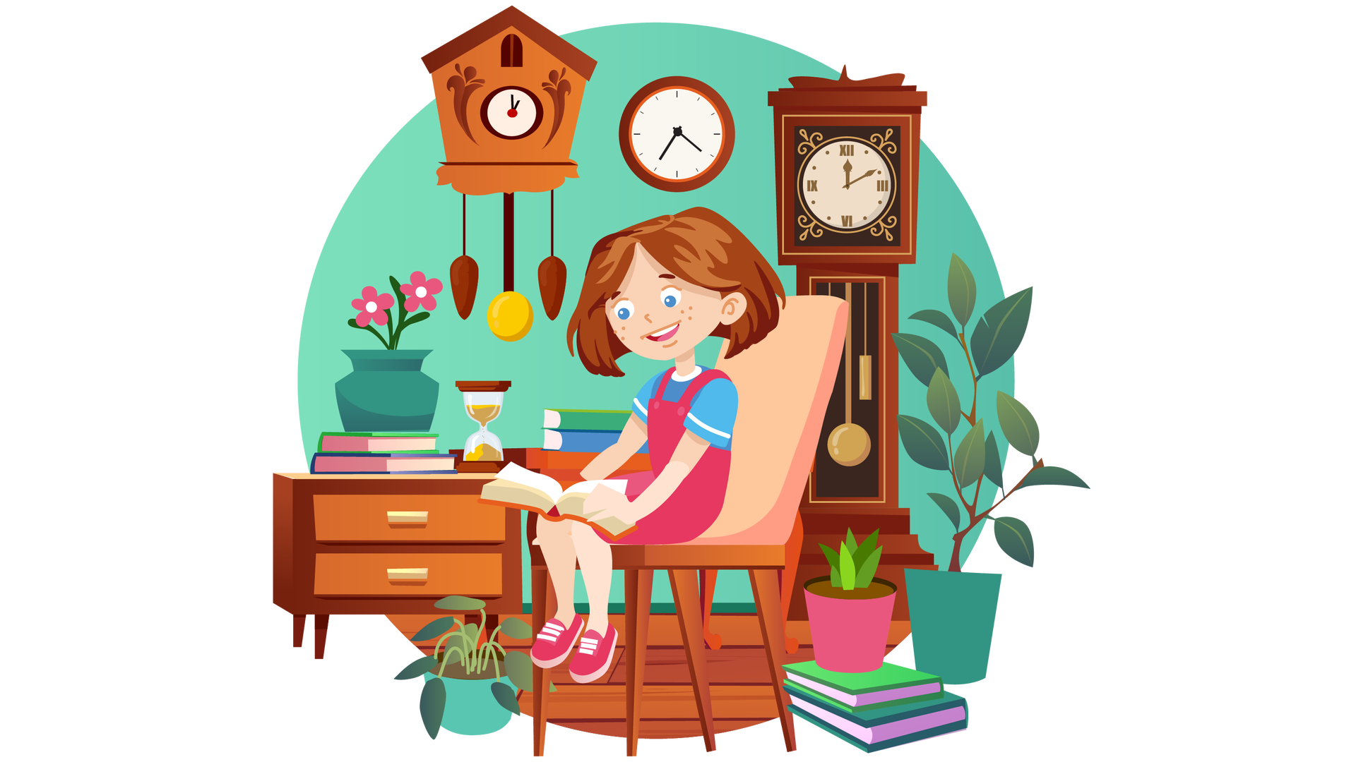 Ilustracja przedstawia pomieszczenie w domu Franka i Mai. W tle widać turkusową ścianę, na której wiszą dwa brązowe zegary. Pierwszy to zegar z kukułką, a drugi to okrągły zegar ze wskazówkami. Po prawej stronie stoi wysoki brązowy zegar tarczą, wskazówkami i wahadłem. Obok, pod wiszącymi zegarami, stoi niska brązowa szafka z dwiema szufladami i brązowy stolik. Na szafce są dwie książki ułożone jedna na drugiej. Pierwsza ma zieloną okładkę, a druga ciemnoniebieską. Na książkach znajdują się dwa różowe kwiaty w ciemnoturkusowym wazonie. Obok stoi brązowa klepsydra. Na stoliku są kolejne dwie książki ułożone jedna na drugiej. Pierwsza ma zieloną okładkę, a druga niebieską. Na środku, na pierwszym planie, stoi beżowe krzesło. Na krześle siedzi Maja. Jest ubrana w niebieską koszulkę z krótkimi błękitnymi rękawami, krótkie ciemnoróżowe spodnie ogrodniczki i ciemnoróżowe buty z białymi sznurówkami. Czyta książkę, którą trzyma otwartą na swoich kolanach. Książka ma pomarańczową okładkę. Dookoła krzesła, na którym siedzi Maja, znajduje się kilka przedmiotów. Po lewej stronie stoi zielona roślina w turkusowej donicy. Po prawej stronie są dwie książki ułożone jedna na drugiej. Pierwsza ma zieloną okładkę, a druga ciemnozieloną. Na książkach stoi niewielka zielona roślina w różowej donicy. Na prawo od książek widać jeszcze jedną, dużą zieloną roślinę w ciemnoturkusowej donicy.