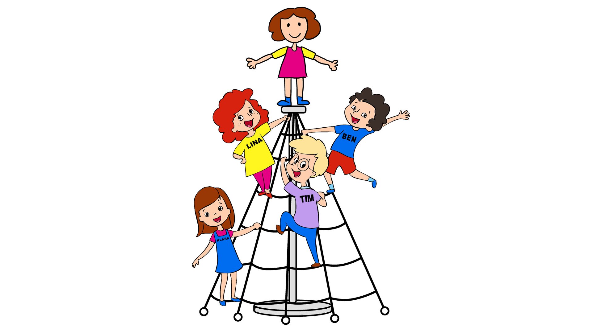 Ilustracja przedstawia siatkę do wspinaczki a na niej stoi pięcioro dzieci.