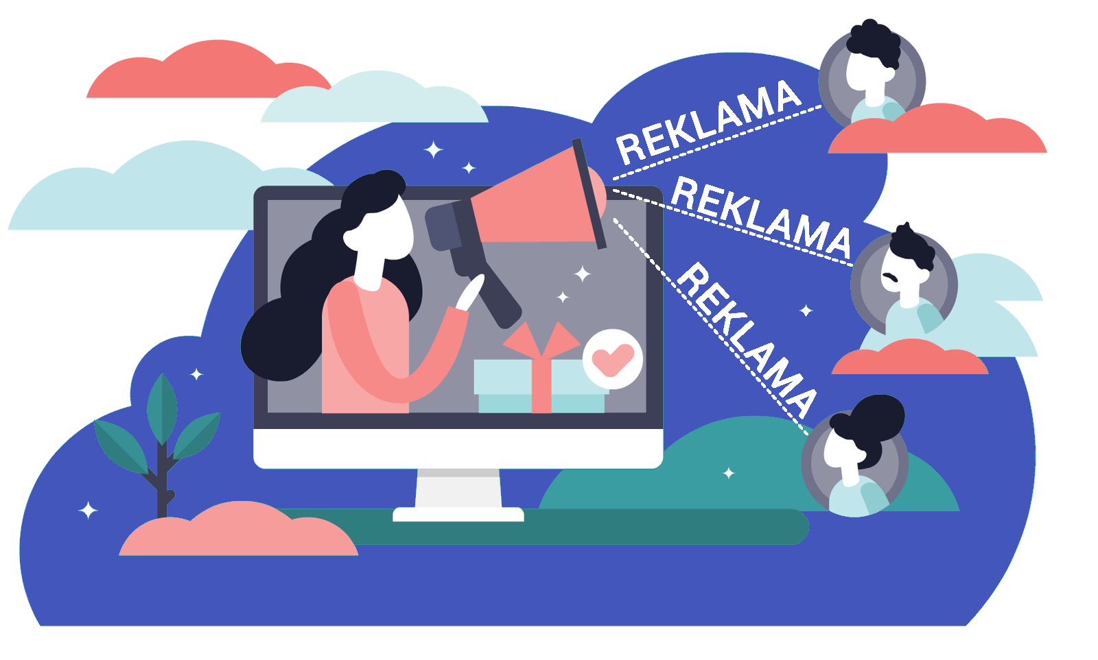 Ilustracja przedstawia na pierwszym planie kobietę trzymającą w dłoni megafon, która wystaje z ekranu telewizora. Z megafonu wydobywają się trzy takie same słowa w formie napisów: "REKLAMA" i trafiają do odbiorców: chłopca, mężczyzny i kobiety.