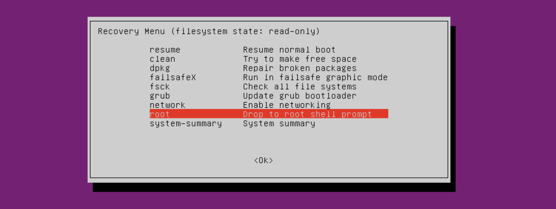 Zrzut ekranu przedstawia Recovery Menu systemu Linux w dystrybucji Ubuntu. Przedstawione są możliwe opcje do wybrania: resume - Resume normal boot, clean - Try to make free space, dpkg - Repair broken packages, failsafeX - Run in failsafe graphic mode, fsck - Check all file systems, grub - Update grub bootloader, network - Enable networking, root - Drop to rot shell prompt (opcja zaznaczona), system-summary - System summary. Na dole przycisk Ok.