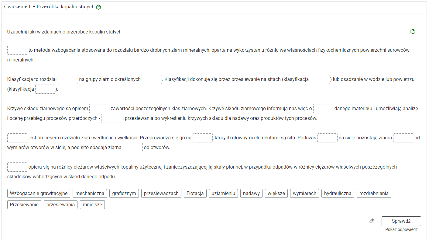Zdjęcie przedstawia otwartą zakładkę z przykładowym zadaniem. Pod nazwą zakładki znajduje się polecenie. Pod poleceniem widać treść zadania z odpowiedziami do wyboru. Po prawej stronie polecenia widać zielony sześciokąt. Poniżej zadania, po prawej stronie panelu znajduje się ikona sprawdź. Po jej lewej stronie widać symbol gumki. Poniżej przycisku sprawdź znajduje się napis pokaż odpowiedź.