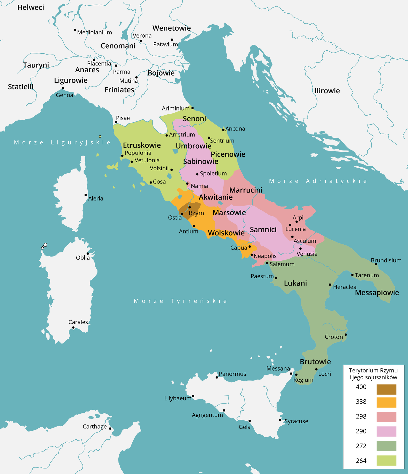 Ilustracja przedstawia mapę Europy Południowej. Ukazane jest terytorium Rzymu i jego sojuszników w latach 400–264 przed naszą erą. Rok 400 przed naszą erą: zaznaczony jest obszar wokół miasta Rzym w środkowej części Półwyspu Apenińskiego przy zachodnim brzegu. W 338 roku przed naszą erą oznaczony jest większy obszar wokół Rzymu i dalej na południe, są tam Wolskowie. W 298 roku przed naszą erą są oznaczone obszary na wschód od Rzymu, są tam Akwitanie, Marrucini i Marsowie. W 290 roku przed naszą erą oznaczone są obszary w środkowej i północnej części Półwyspu Apenińskiego, są tam Samnici, Umbrowie i Sabinowie. W 272 roku przed naszą erą oznaczone są obszary na południu Półwyspu Apenińskiego, są tam Lukani, Messapiowie i Brutowie. W 264 roku przed naszą erą są oznaczone tereny na zachodnim i wschodnim brzegu północnej części Półwyspu Apenińskiego, są tam Etruskowie, Senoni i Picenowie.