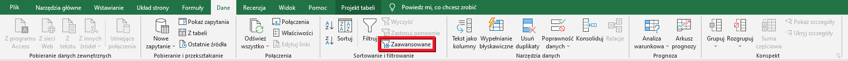 Ilustracja przedstawia pasek menu arkusza Excel, zakładkę Dane. Na pasku zaznaczona jest ramką opcja Zaawansowane.