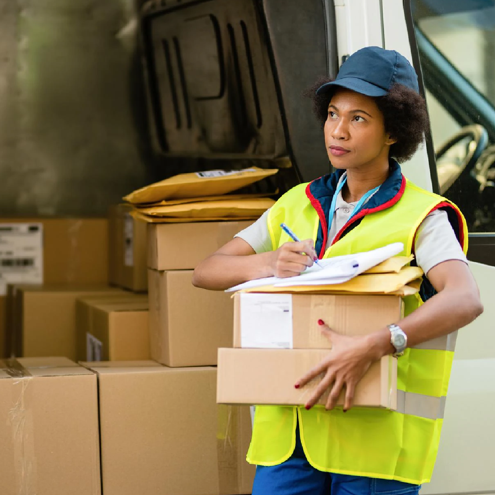 Zdjęcie przedstawia młodą kobietę w żółtej kamizelce i czapce z daszkiem, która trzyma w dłoniach paczki. Za kobietą jest samochód dostawczy, w którym są różne przesyłki.  