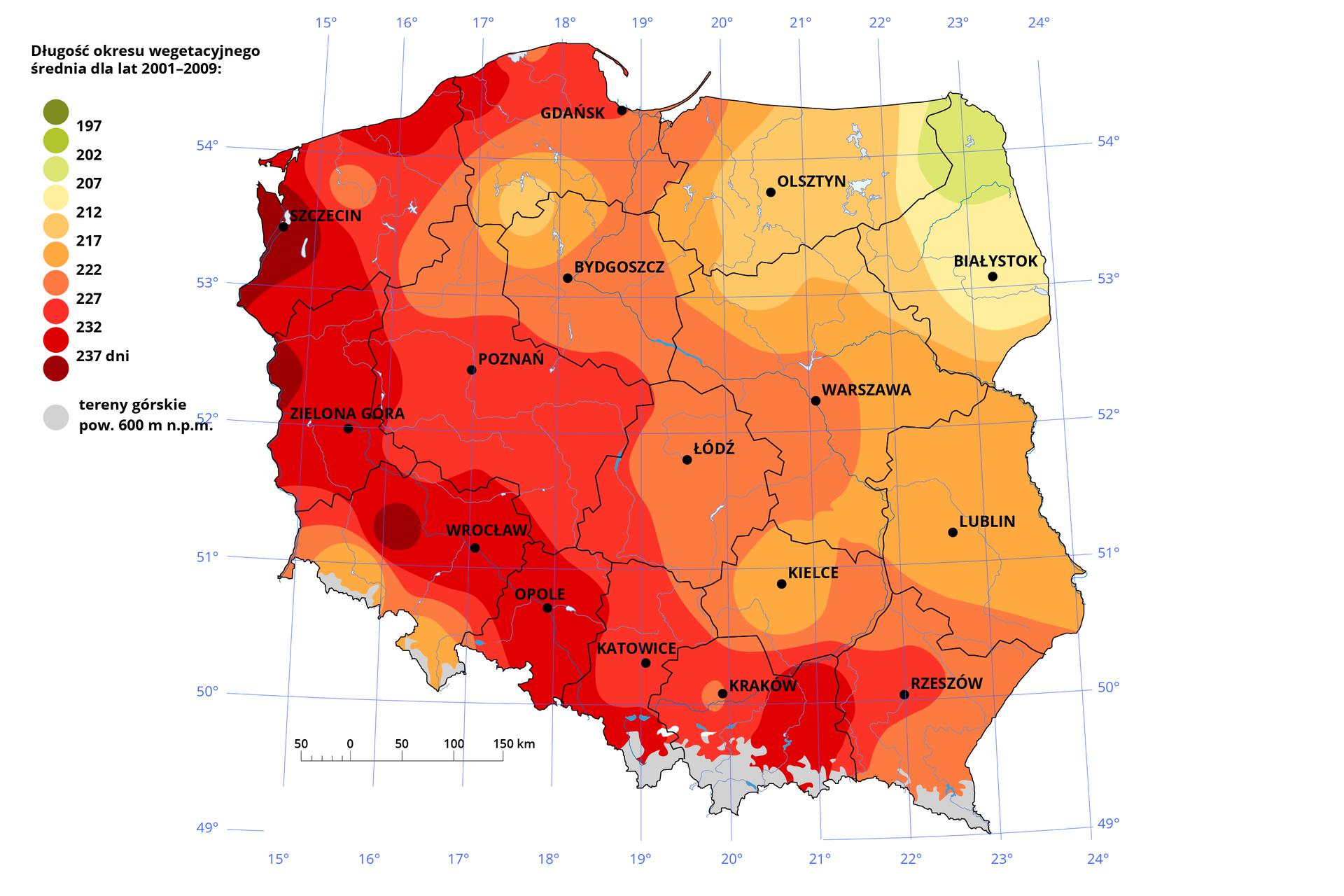 Mapa Polski przedstawiająca średnią długość okresu wegetacyjnego w latach 2001‑2009. Obok mapy znajduje się legenda, na która jest tytuł: “Długość okresu wegetacyjnego średnia dla lat 2001‑2009:”. Pod tytułem znajduje się skala barw, w której oznaczono symbolikę barw. Najniższe wartości oznaczono ciemnozielonym, najwyższe ciemnoczerwonym. Okres wegetacyjny najdłuższy jest na południowym zachodzie Polski, a najkrótszy na północnym wschodzie. Najkrótszy okres wegetacyjny w Polsce występuje na północ od Białegostoku i trwa poniżej 207 dni. Najdłuższy w okolicy Szczecina, na granicy Polski na wysokości Zielonej Góry oraz w okolicy Wrocławia. . Na mapie jest siatka kartograficzna na której oznaczono wartości południków i równoleżników co jeden stopień. W lewym dolnym rogu znajduje się skala liniowa.