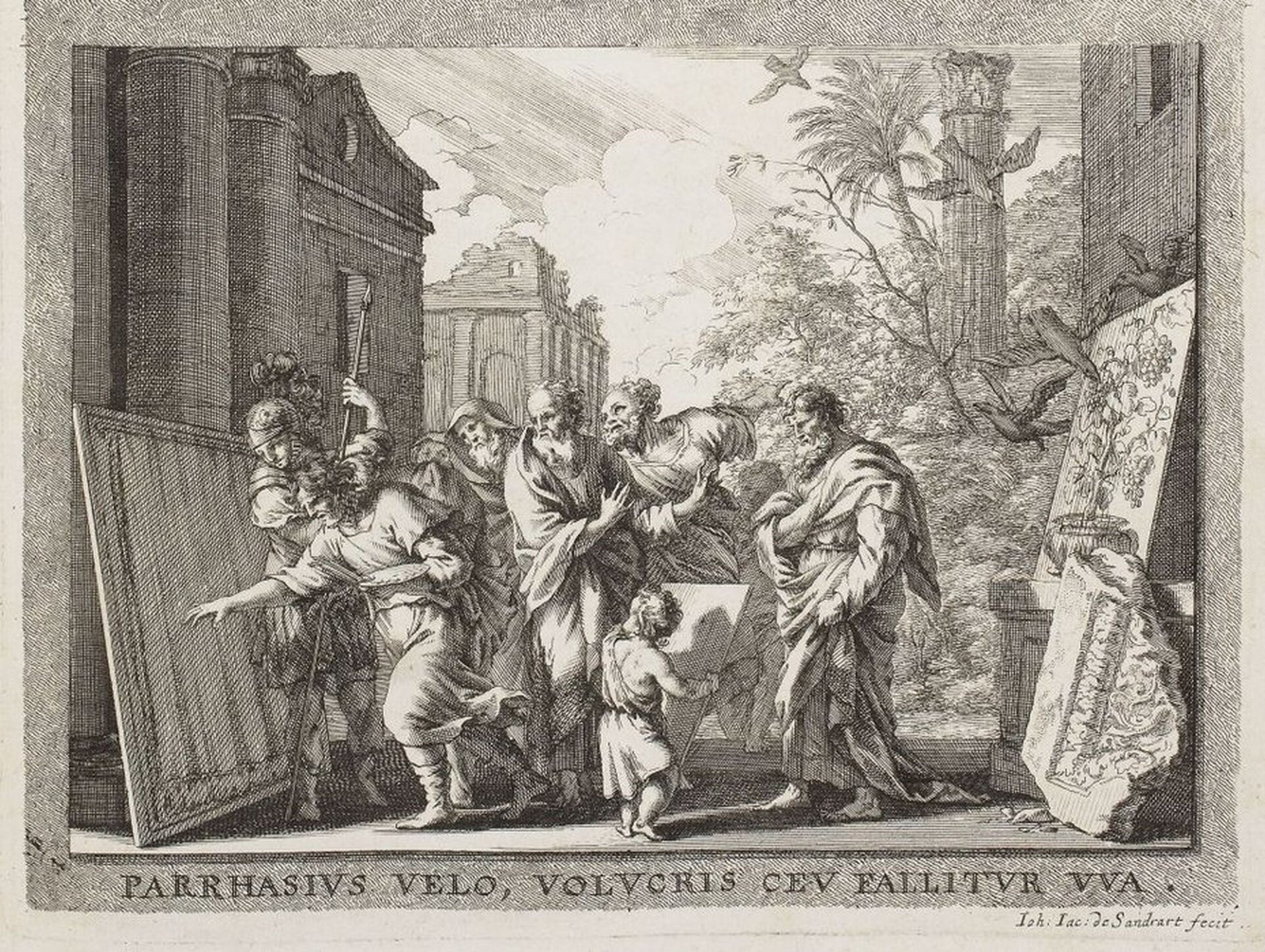 Ilustracja przedstawia rycinę Jacoba von Sandrarta pt. Zeuksis i Parrajson. Parrajson rzuca się, by odsłonić swój obraz przed grupą obserwatorów, którzy zainteresowani są dziełem artysty.