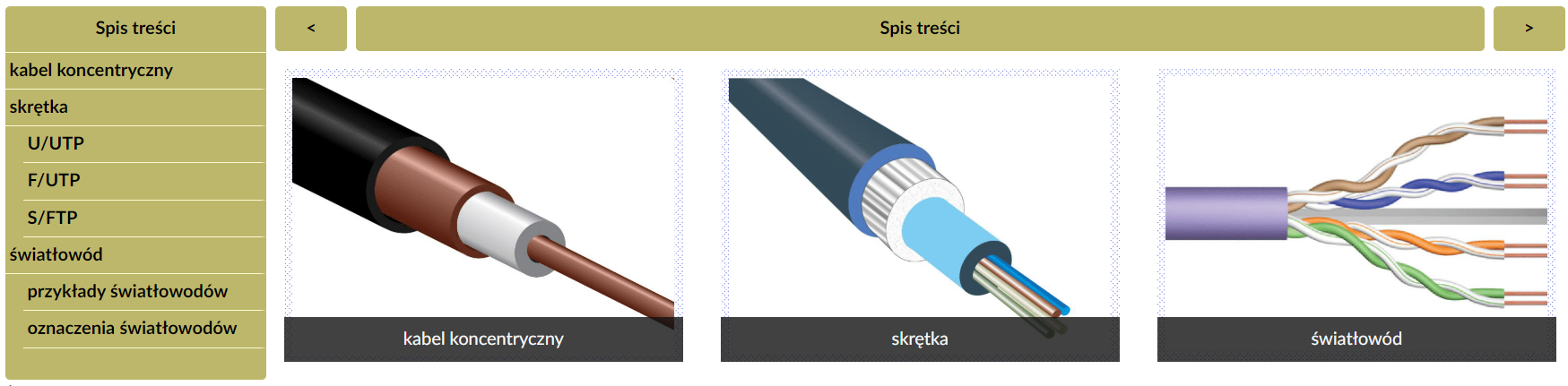 Przykładowy widok grafiki interaktywnej. W centralnej części ilustracji znajdują się miniatury trzech grafik, ustawione obok siebie w poziomym rzędzie. Podpisane są kolejno: kabel koncentryczny, skrętka i światłowód. Powyżej grafik znajduje się panel z napisem: spis treści. Po bokach panelu znajdują się strzałki. Wskazujące przeciwne kierunki. Po prawej stronie grafiki widoczny jest spis treści.