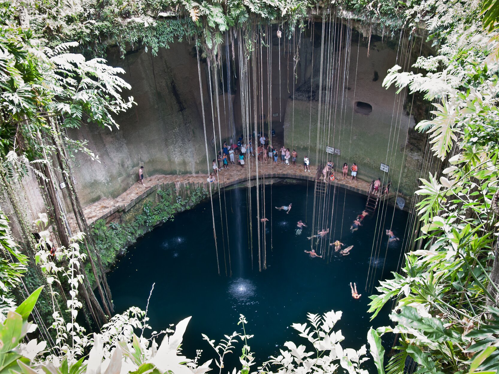 Zdjęcie przedstawia świętą cenote. Jest to wapienna studnia krasowa położona w pobliżu starożytnego miasta Majów Chichén Itzá w Meksyku. Mierzy 20 m głębokości, 50 m średnicy i jest niemal idealnie okrągła. Widoczni są ludzie, turyści spacerujący przy brzegu lub też kąpiący się w studni.