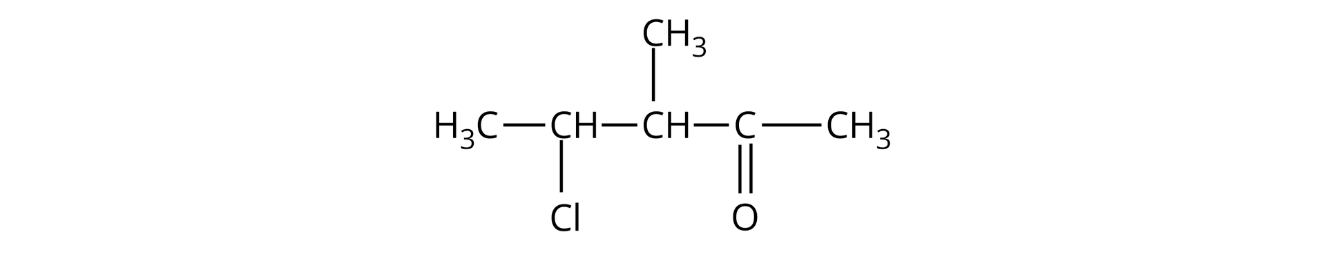 Ilustracja przedstawia wzór ketonu. Atom węgla grupy karbonylowej połączony jest za pomocą wiązania podwójnego z atomem tlenu oraz za pomocą wiązań pojedynczych z grupą metylową CH3 oraz z grupą CH, która to łączy się za pomocą wiązań pojedynczych z grupą metylową CH3 oraz z kolejną grupą CH podstawioną atomem chloru Cl oraz grupą metylową CH3.