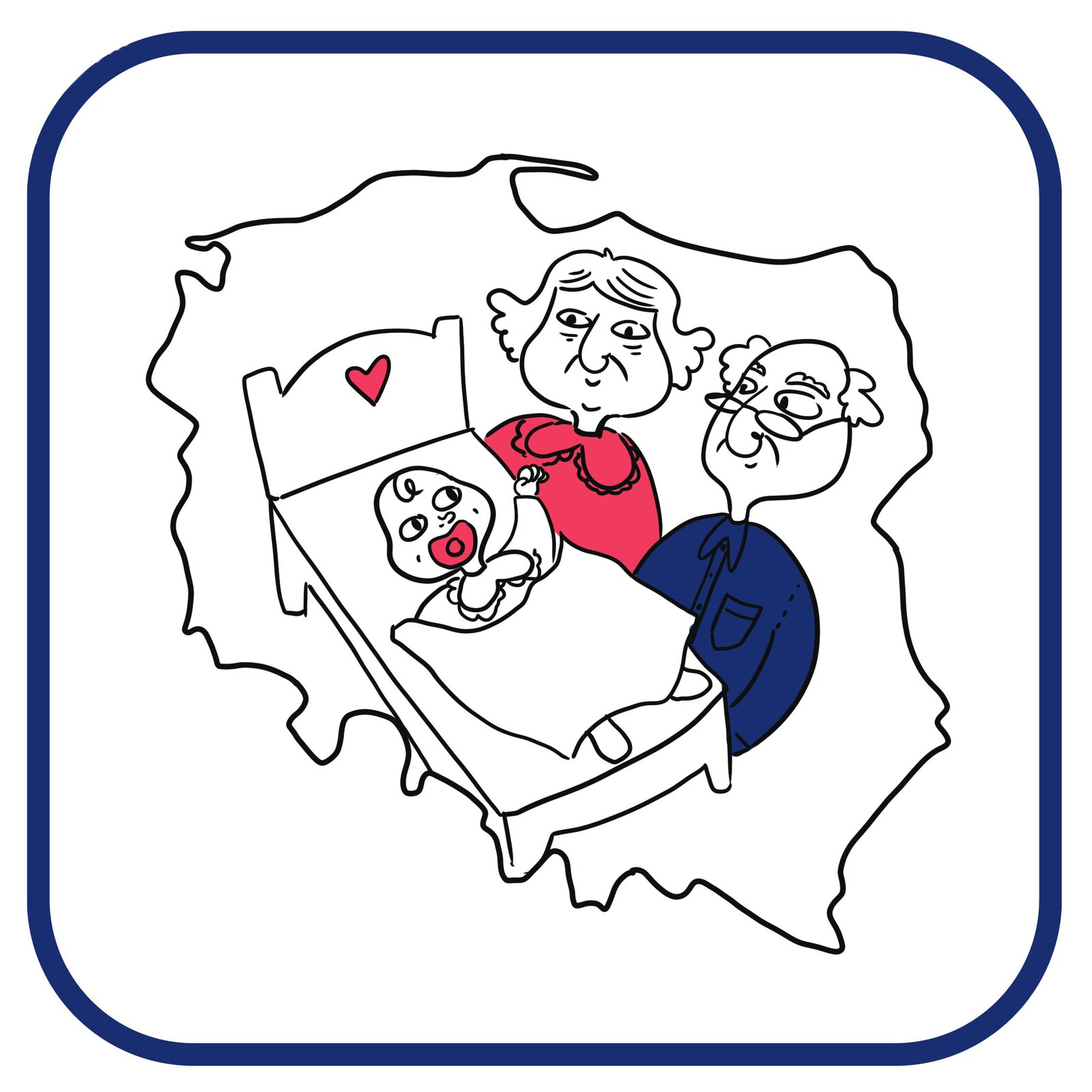 Kontur mapy Polski. W środku mapy rysunek noworodka leżącego w łóżeczku. Obok niego uśmiechnięci babcia z dziadkiem.