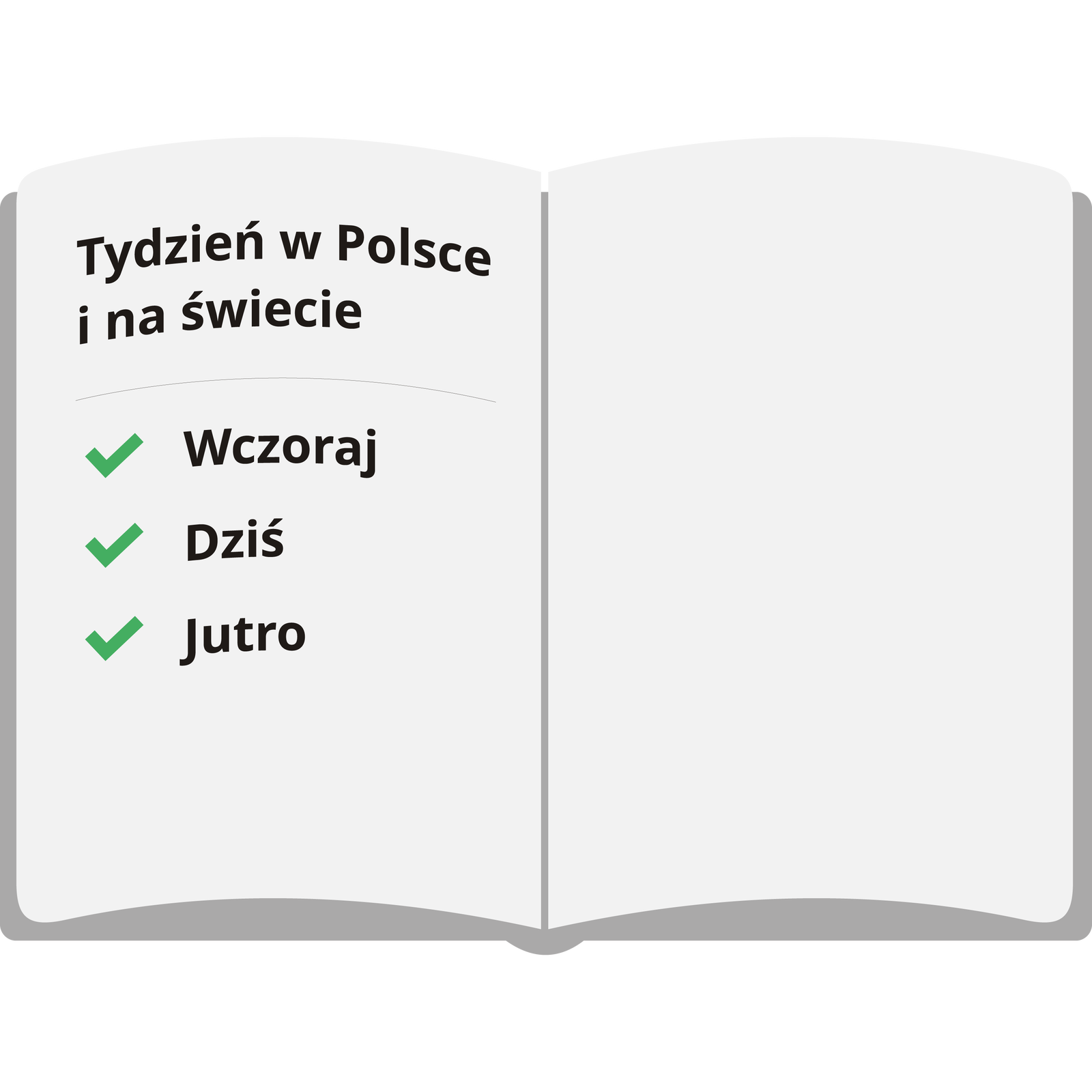 Grafika. Otwarty notatnik z napisem: Tydzień w Polsce i na świecie, wczoraj, dziś, jutro. 