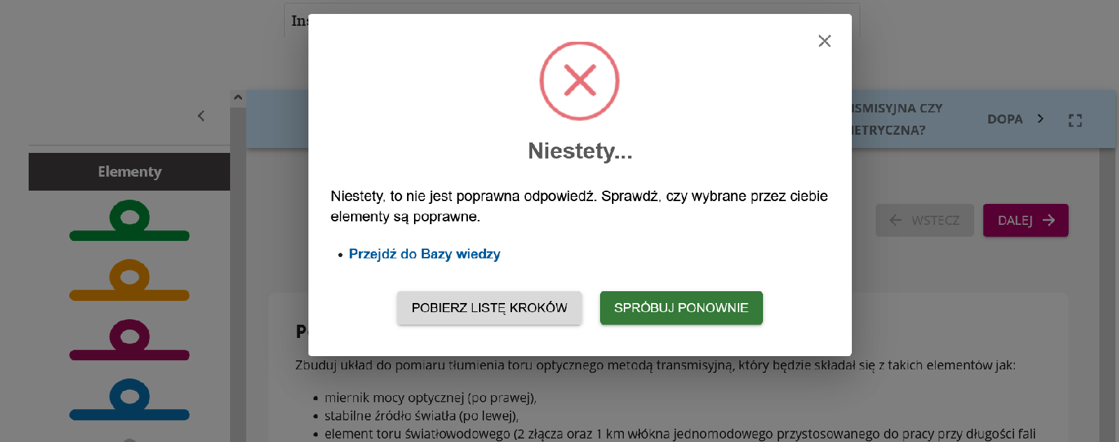 Przykładowy widok rozwiązanego ćwiczenia. Na środku znajduje się informacja o negatywnym wyniku ćwiczenia.