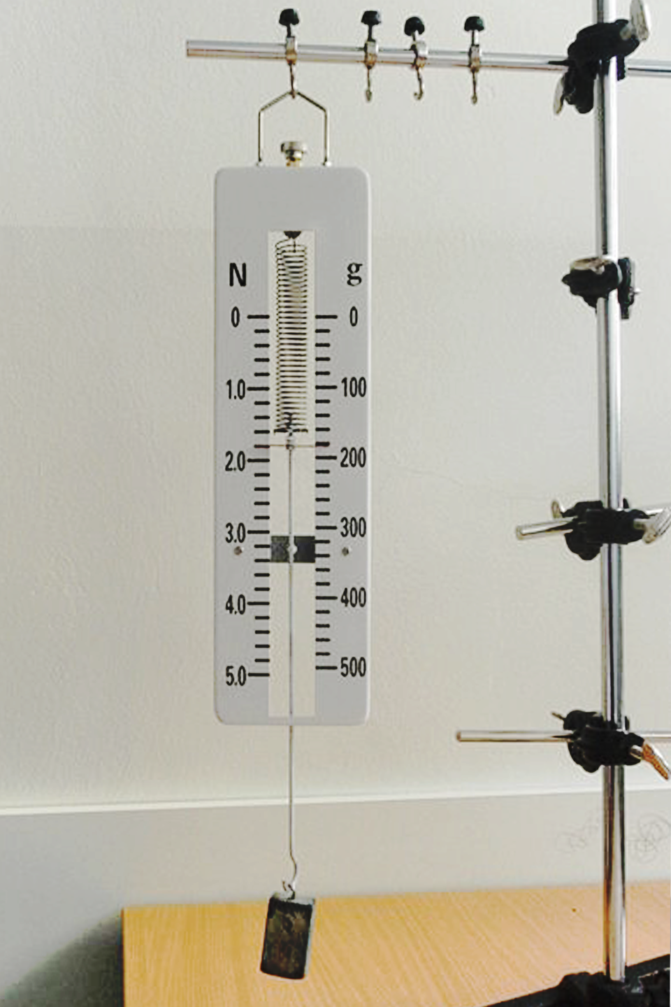 Zdjęcie siłomierza ze skalą podwójną, zawieszonego na statywie. Siłomierz jest białym, prostokątnym kawałkiem plastiku, z wyciętą prostokątną dziurą. Po lewej stronie ma skalę w niutonach, po prawej - w gramach. Skala w niutonach ma przedziałki co dwie dziesiąte niutona, od zera do pięciu, natomiast skala w gramach ma przedziałki co dwadzieścia gramów, od zera do pięciuset. Skala w niutonach jest odrobinę dłuższa. W przerwie między skalami zawieszona jest sprężynka z poprzeczką, wskazującą wynik pomiaru (jeden i osiem dziesiątych niutona, sto osiemdziesiąt gramów). Na haczyku siłomierza zawieszony jest ciężarek.