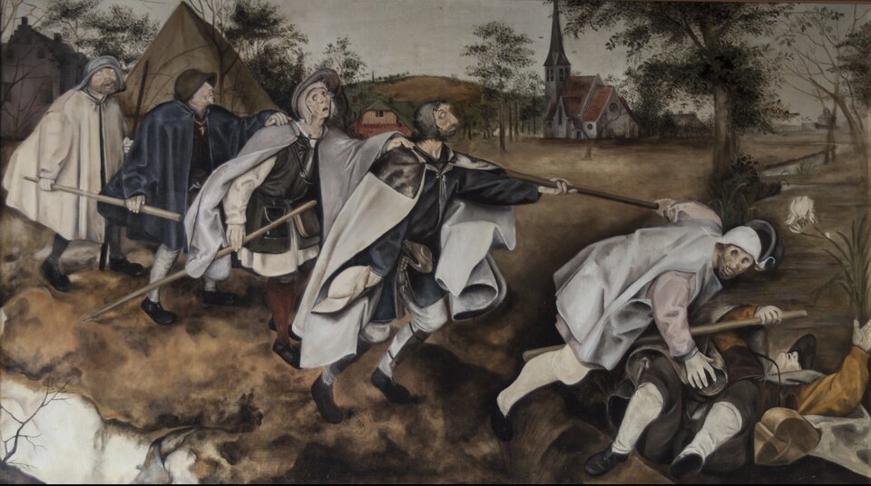 Ilustracja przedstawia obraz Pietera Bruegla „Ślepcy”. Ukazuje grupę sześciu mężczyzn zmierzających po nierównej drodze jeden za drugim. Linia drogi ślepców jest zakomponowana po skosie od góry z lewej strony do prawej. Ślepcy odziani są w podróżne szaty. Trzymają kije. Niewidomy przewodnik prowadzący grupę przewraca się i wpada do rowu, pociągając za sobą pozostałych. Twarze idących wyrażają różne uczucia: od zaufania do zaskoczenia i szoku. W głębi obrazu znajdują się chałupy i kościół. Bruegel niezwykle starannie namalował wszystkie detale.