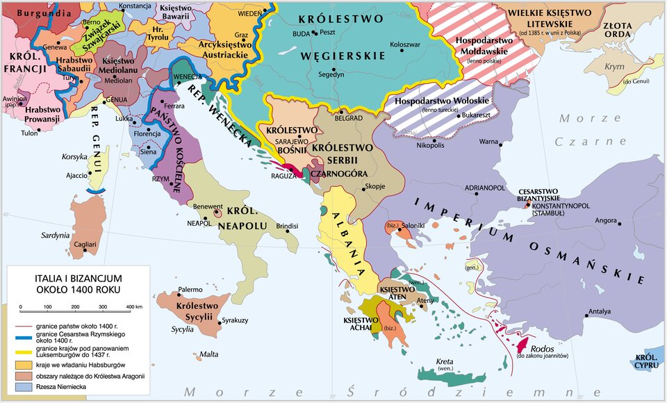 Mapa zawiera informacje o granicach państw w XIV wieku. Na dole mapy znajduje się Morze Śródziemne, na nim wyspy od prawej: Królestwo Cypru, Rodos, Kreta, Królestwo Sycylii, Sardynia i Korsyka. Państwa od prawej: Imperium Osmańskie, powyżej Morze Czarne, a nad nim Złota Orda, Wielkie Księstwo Litewskie, Hospodarstwo Mołdawskie, Hospodarstwo Wołoskie. Na zachodzie Imperium Osmańskie graniczy z Albanią, Królestwem Serbii,  Królestwem Węgierskim. Na południu nad Morzem Śródziemnym leży Księstwo Achai, Księstwo Aten i obszary należące do Królestwa Aragonii. Nad Morzem Adriatyckim leżą: Królestwo Bośni, Republika Wenecka, Wenecja. Na Półwyspie Apenińskim znajdują się państwa, od południa: Królestwo Neapolu, Państwo Kościelne, Siena, Florencja, Lukka, Księsto Mediolanu, Republika Genui. Na północnym zachodzie leżą państwa: Arcyksięstwo Austriackie, Księstwo Bawarii, Hrabstwo Tyrolu, Związek Szwajcarski, Burgundia, Hrabstwo Sabaudii, Królestwo Francji.