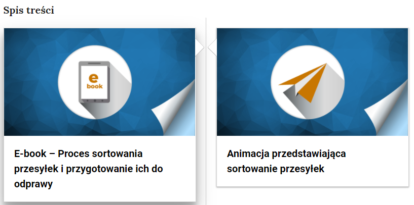 Grafika przedstawia fragment spisu treści. Znajdują się na niej dwa niebieskie prostokąty. Pośrodku lewego prostokąta w białym kole znajduje się prostokątny czytnik e‑booków w szarej ramce i z białym ekranem. Poniżej prostokąta napis: "E‑book - Proces sortowania przesyłek i przygotowanie ich do odprawy". Pośrodku prawego prostokąta w białym kole znajduje się pomarańczowo‑szary, papierowy samolot. Poniżej napis: "Animacja przedstawiająca sortowanie przesyłek".