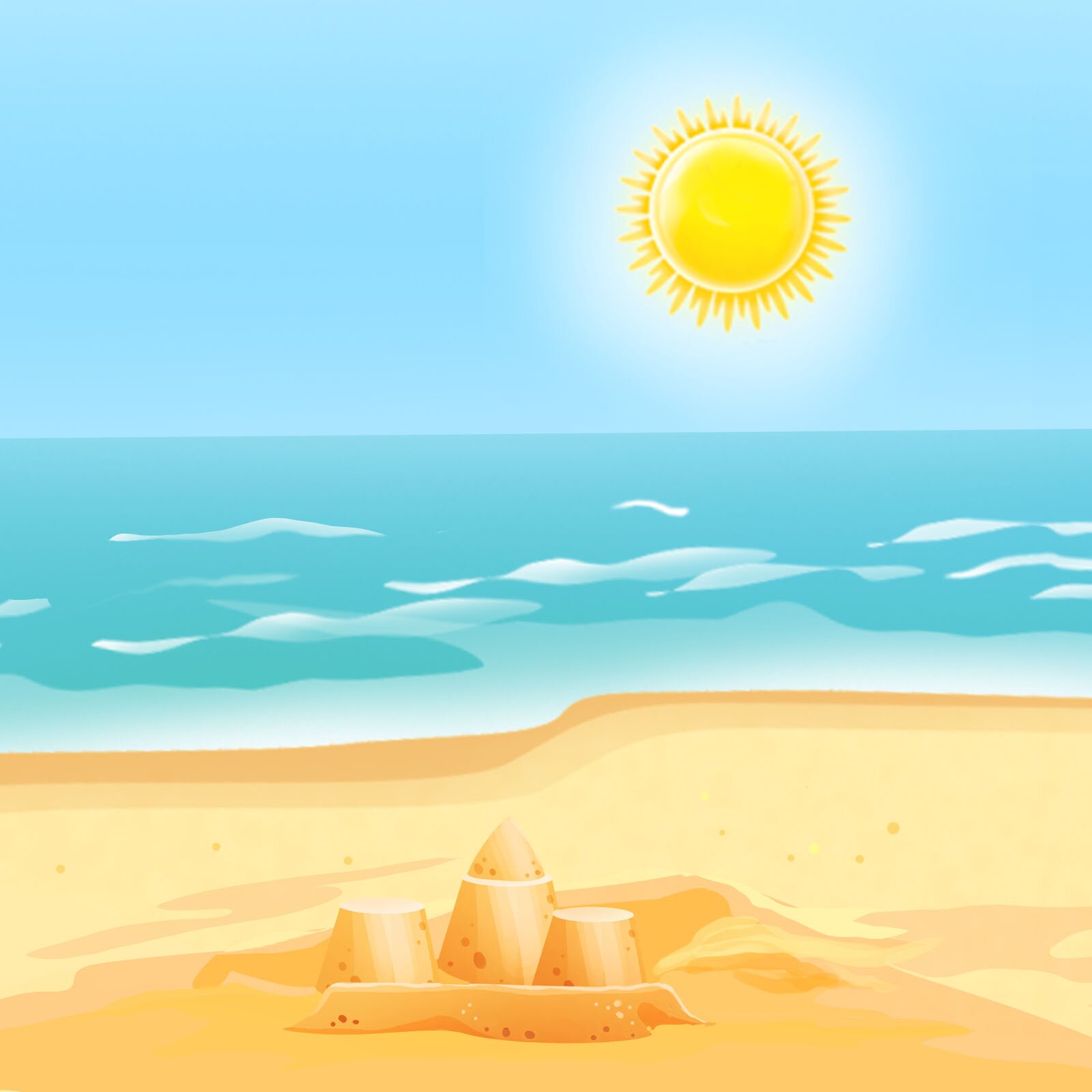 Ilustracja przedstawia nadmorską plażę. Znajduje się na niej zamek z piasku. Świeci słońce, na morzu są niewielkie fale. Ćwiczenie wyświetla się w trybie dostępności.