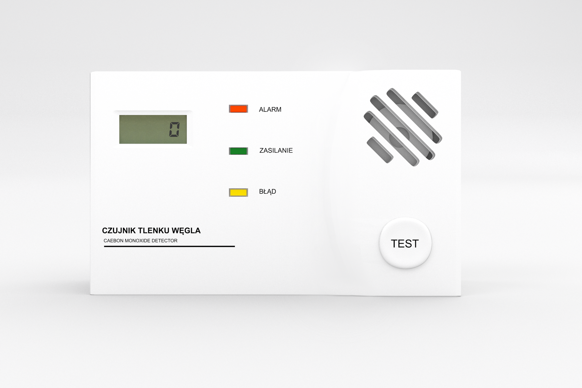 Fotografia przedstawia czujnik dwutlenku węgla. W lewym górnym rogu czujnika znajduję się wyświetlacz elektryczny z wyświetlonym zerem. Po środku znajdują się trzy kolorowe diody. Czerwona dioda z podpisem alarm, zielona dioda podpisana zasilanie i żółta dioda z podpisem błąd. W prawym dolnym roku jest okrągły przycisk z napisem test. Nad nim znajduje się zakratkowany okrągły czujnik.