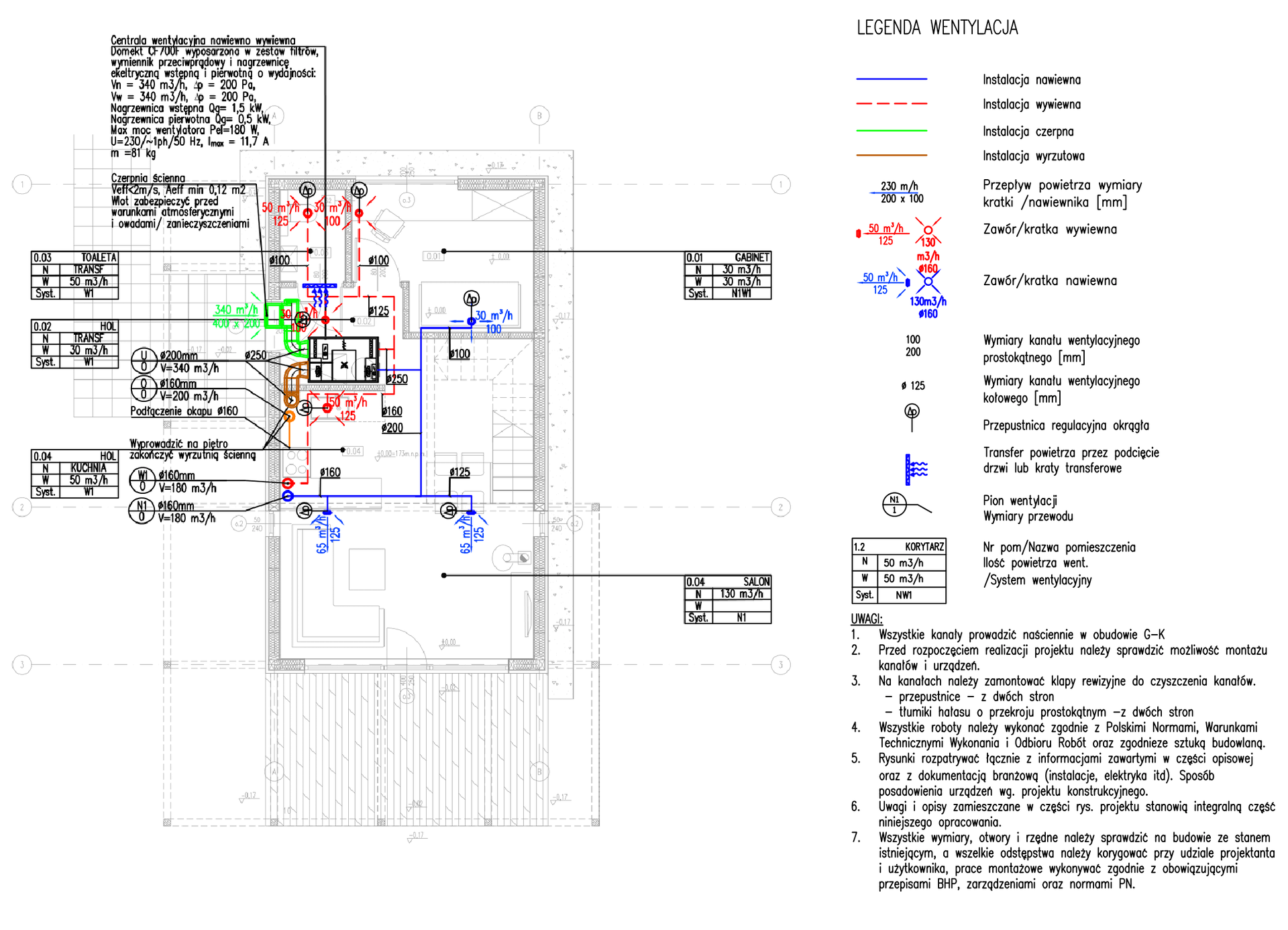 Grafika przedstawia projekt instalacji wentylacji mechanicznej. Po lewej stronie znajduje się rysunek, po prawej zaś objaśnienia i legenda.
Opisy prezentowanych na grafikach obiektów są załączone w treści.