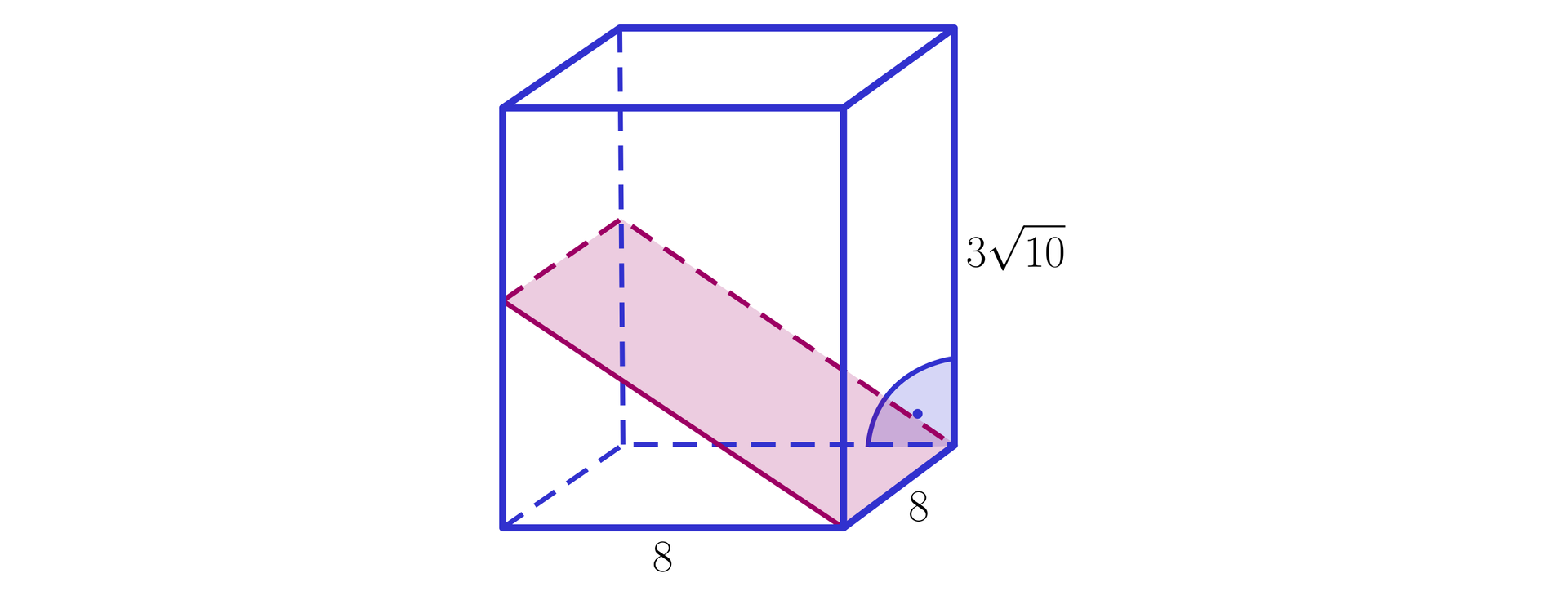 Na ilustracji przedstawiono graniastosłup prosty o podstawie kwadratu. Długości krawędzi podstawy wynoszą osiem, natomiast długość krawędzi bocznej wynosi 310. Zaznaczono przekrój graniastosłupa, którego płaszczyznę stanowi prostokąt, którego jedna para boków jest równa długości krawędzi podstawy, natomiast drugą parę boków stanowią odcinki, których długość jest równa długości przeciwprostokątnej trójkąta prostokątnego o przyprostokątnych 8 i 3102.