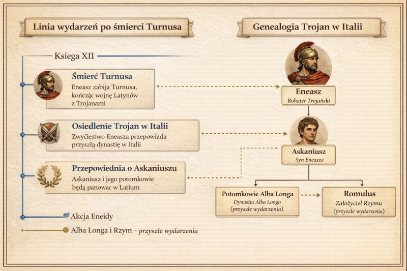 Grafika przedstawia diagram z osiami i polami, łączący linię wydarzeń z drzewem genealogicznym. Po lewej stronie u góry znajduje się napis: „Linia wydarzeń po śmierci Turnusa”, po prawej „Genealogia Trojan w Italii”. Od nich pionowo biegną linię z załączonymi małymi ilustracjami. Po lewej: Śmierć Turnusa, Osiedlenie Trojan w Italii, Przepowiednia o Askaniuszu. Po prawej: Eneasz, Askaniusz, od tego napisu i ilustracji dwie gałęzie: Potomkowie Alba Longa, Romulus. Niebieska linia biegnie po lewej stronie; w legendzie wyjaśniona jest jako: „Akcja Eneidy”. Żółte przerywane linie łączą napisy i ilustracje lewe z prawymi; w legendzie wyjaśniono je jako: Alba Longa i Rzym – przyszłe wydarzenia. 