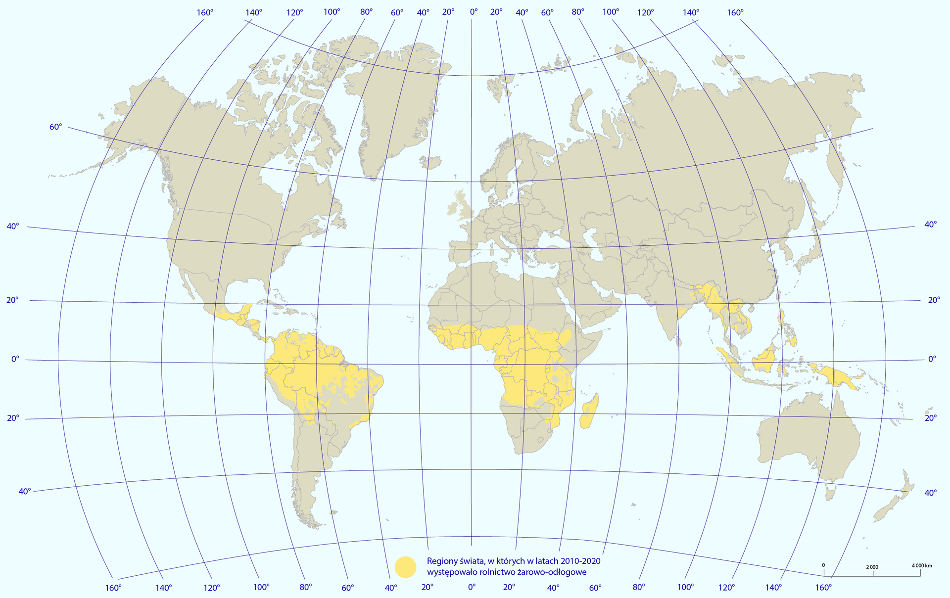 Mapa świata przedstawiająca obszar występowania rolnictwa żarowo‑odłogowego w latach 2010‑2020. Obszary, na których dominował ten rodzaj rolnictwa oznaczono kolorem żółtym, pozostałe obszary kolorem szarym. Uprawy tego rodzaju koncentrują się głównie w rejonie równika. Ten typ rolnictwa występuje głównie w centralnej Afryce i na terenie Afryki Subsaharyjskiej, jak również na Madagaskarze, w Ameryce Środkowej, na Nizinie Amazonki, Indonezji i w rejonie Azji południowo‑wschodniej. Względem mapy dla lat 1960‑1970 zasięg występowania tego rodzaju rolnictw w Afryce uległ zmniejszeniu, głównie na północy. Zasięg w Ameryce Południowej zwiększył się w północnej części kontynentu nad Niziną Amazonki.