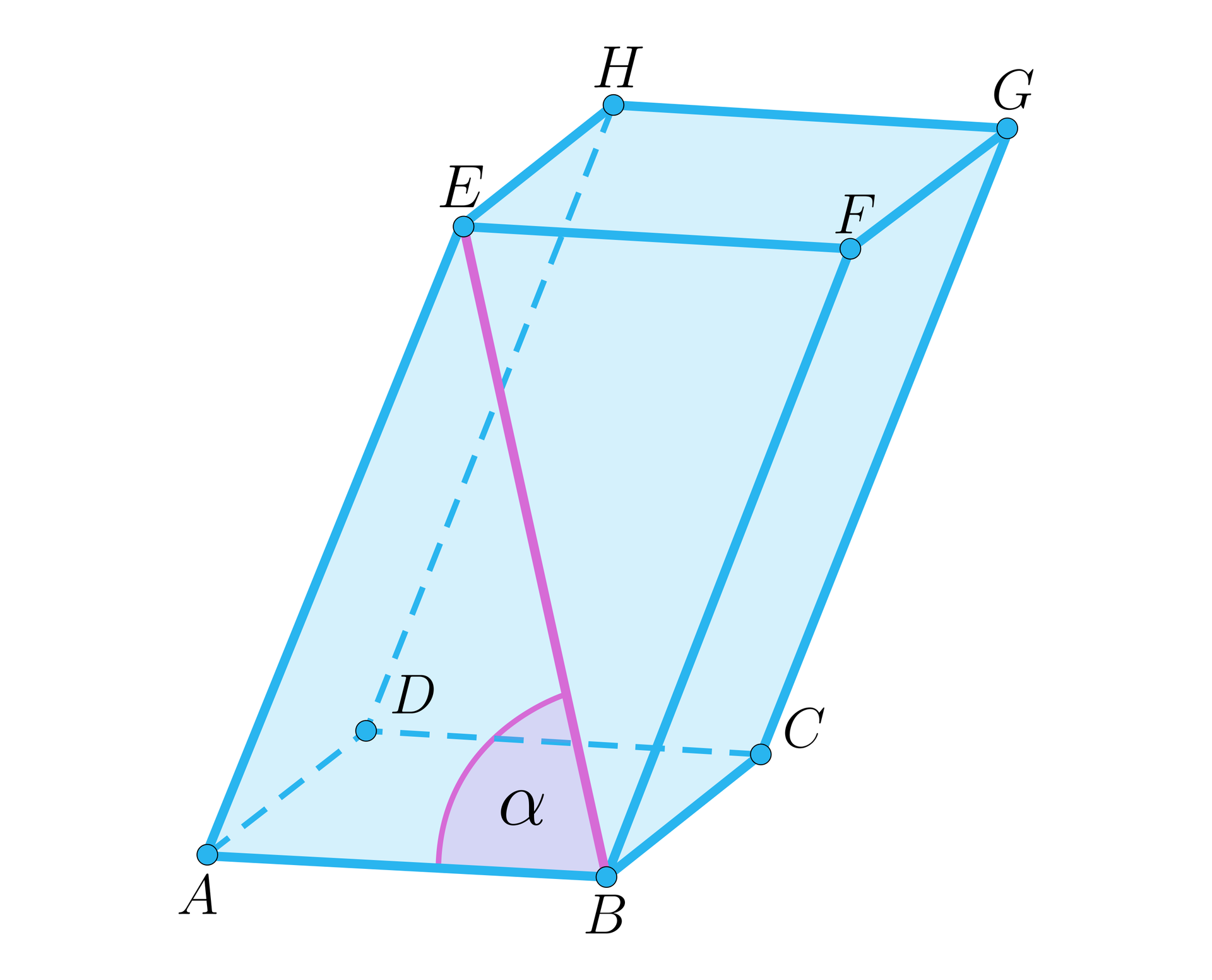 Ilustracja przedstawia graniastosłup pochyły A B C D E F G H. Zaznaczono na nim Kąt ABE między przekątną ściany bocznej a krawędzią podstawy graniastosłupa.