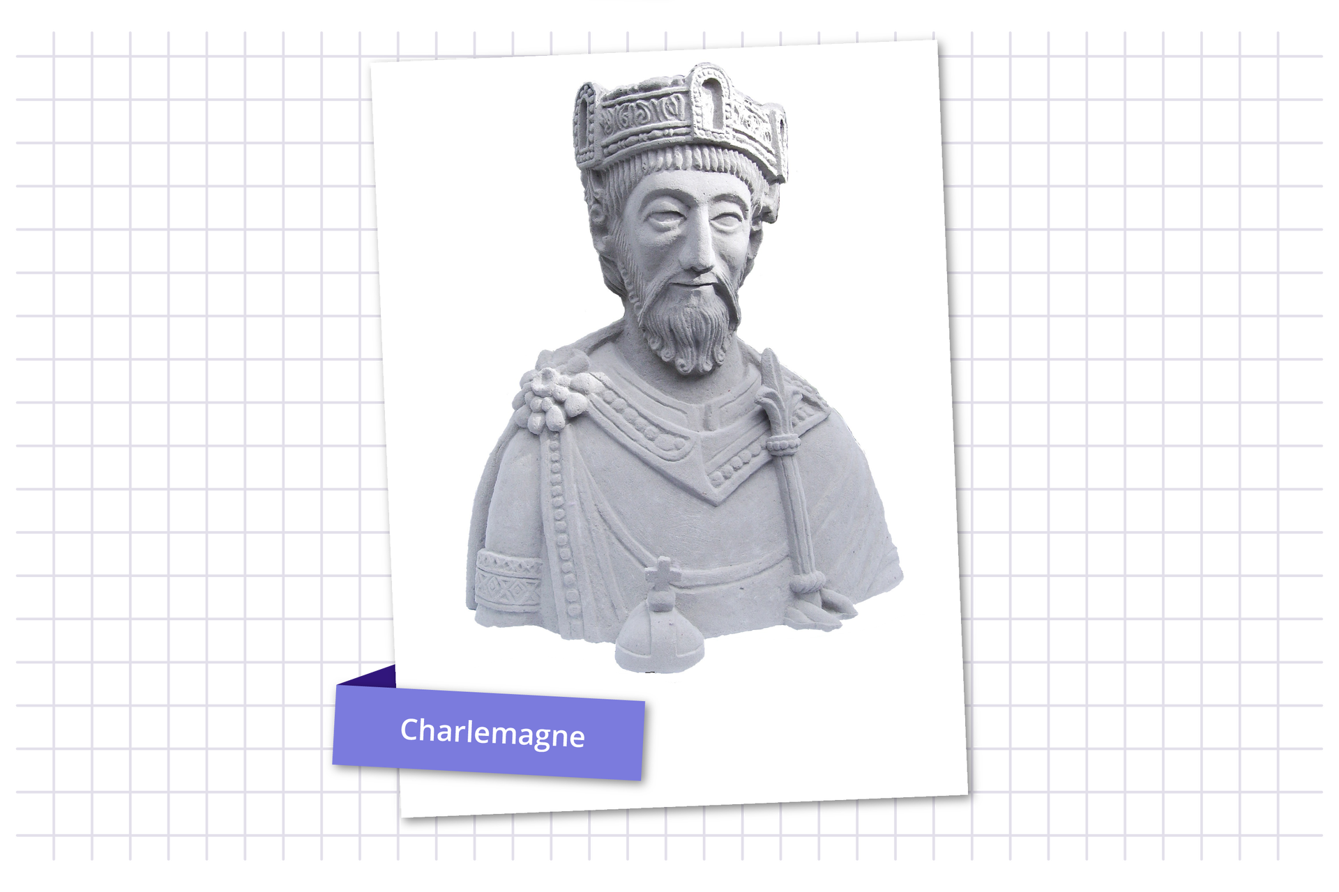 Ilustracja przedstawia popiersie Karola Wielkiego. Podpis: Charlemagne.