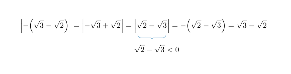 Na ilustracji przedstawione jest równanie rozwiązane pierwszym sposobem. wartość bezwzględna z, minus, nawias, pierwiastek kwadratowy z trzy koniec pierwiastka, minus, pierwiastek kwadratowy z dwa koniec pierwiastka, zamknięcie nawiasu, koniec wartości bezwzględnej, równa się, wartość bezwzględna z, minus, pierwiastek kwadratowy z trzy koniec pierwiastka, plus, pierwiastek kwadratowy z dwa koniec pierwiastka, koniec wartości bezwzględnej, równa się, wartość bezwzględna z, pierwiastek kwadratowy z dwa koniec pierwiastka, minus, pierwiastek kwadratowy z trzy koniec pierwiastka, koniec wartości bezwzględnej, równa się, przy czym pod ostatnim modułem dodano, że pierwiastek kwadratowy z dwa koniec pierwiastka, minus, pierwiastek kwadratowy z trzy koniec pierwiastka, większy niż, zero, więc dalej po znaku równości zapisano:  równa się, minus, nawias, pierwiastek kwadratowy z dwa koniec pierwiastka, minus, pierwiastek kwadratowy z trzy koniec pierwiastka, zamknięcie nawiasu, równa się, pierwiastek kwadratowy z trzy koniec pierwiastka, minus, pierwiastek kwadratowy z dwa koniec pierwiastka