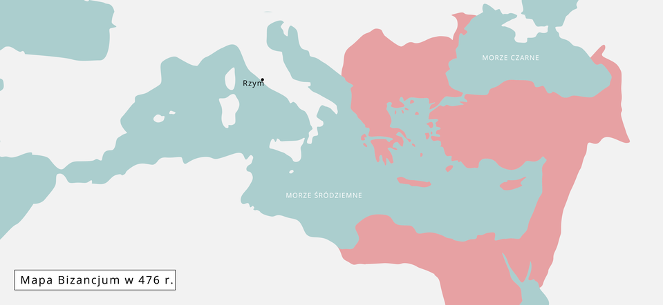 Ilustracja przedstawia mapę Bizancjum w 476 r. Teren po wschodniej stronie Morza Śródziemnego sięgający do Morza Czarnego, a konkretniej tereny Bizancjum znajdują się na obecnych ziemiach Grecji, Turcji i północnej Afryki.