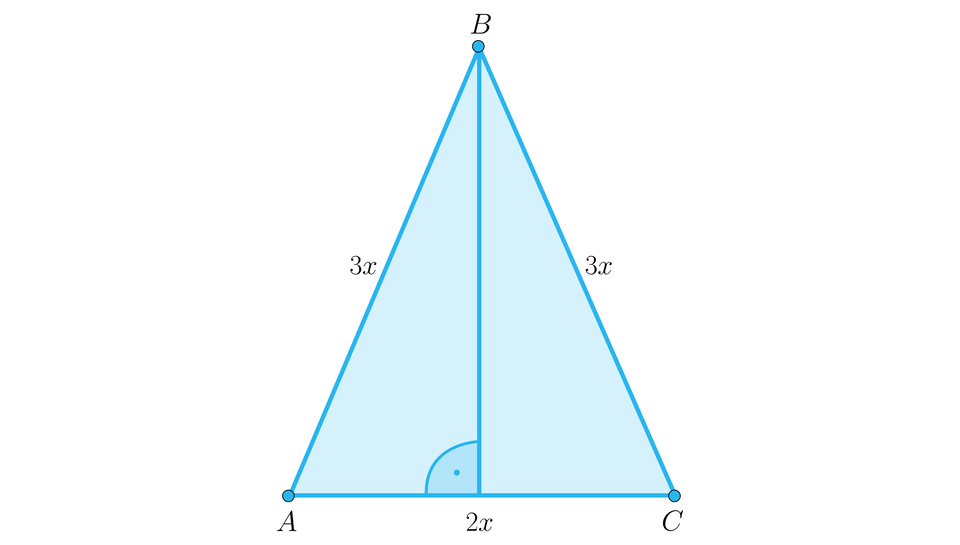 Ilustracja przedstawia trójkąt o wierzchołkach A B C. Podstawa trójkąta AC ma długość dwa x. Bok AB i BC mają długość trzy x. Z wierzchołka B na podstawę AC opuszczono wysokość. 