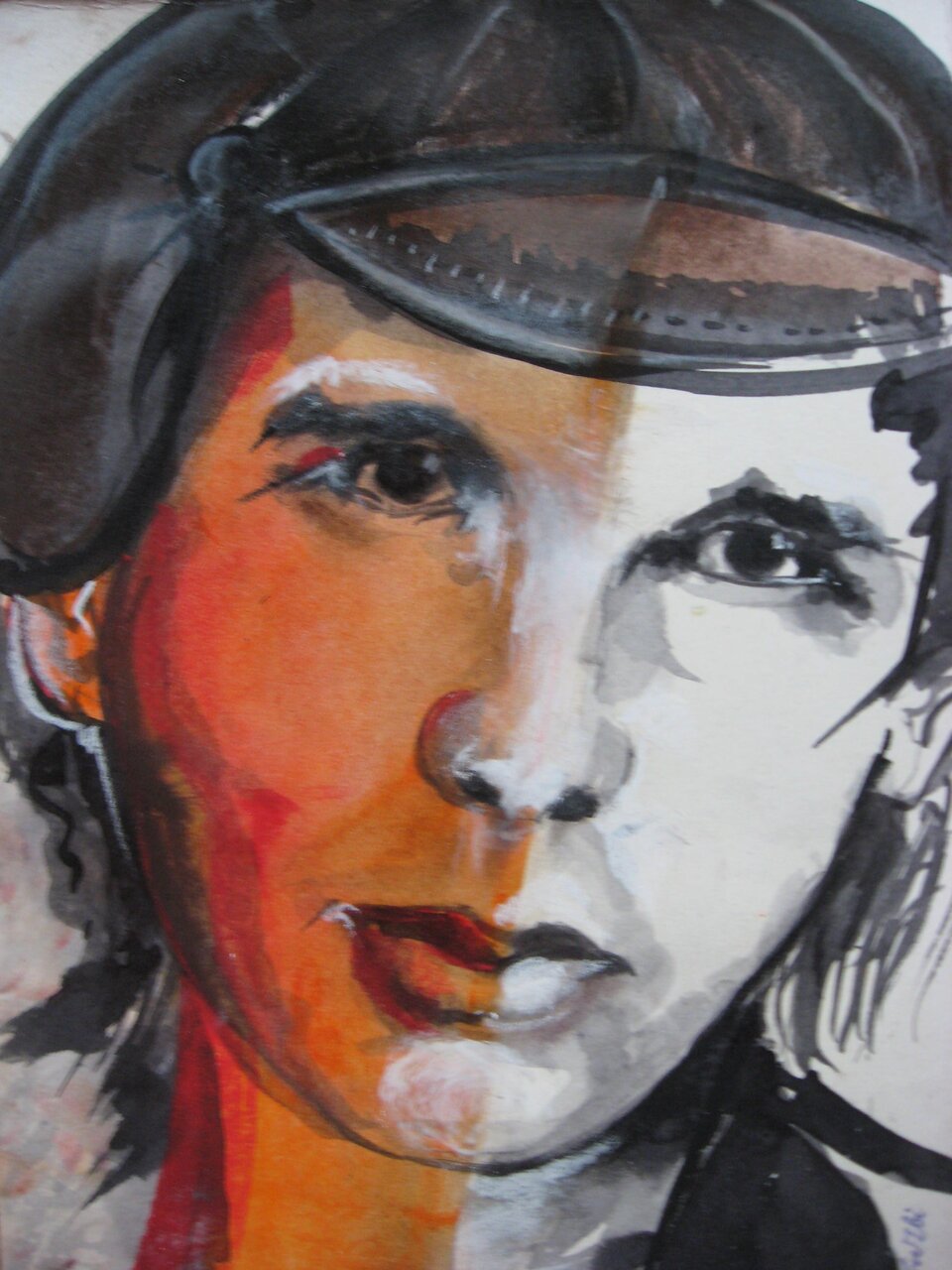 Rysunek przedstawia twarz młodego mężczyzny. Ma owalny kształt, ukazana jest w całości. Poeta ma proste, półdługie włosy. Jego czoło zasłania daszek czapki. Mężczyzna ma ciemne brwi i duże, okrągłe oczy. Jego nos jest prosty. Postać ma wydatne usta.