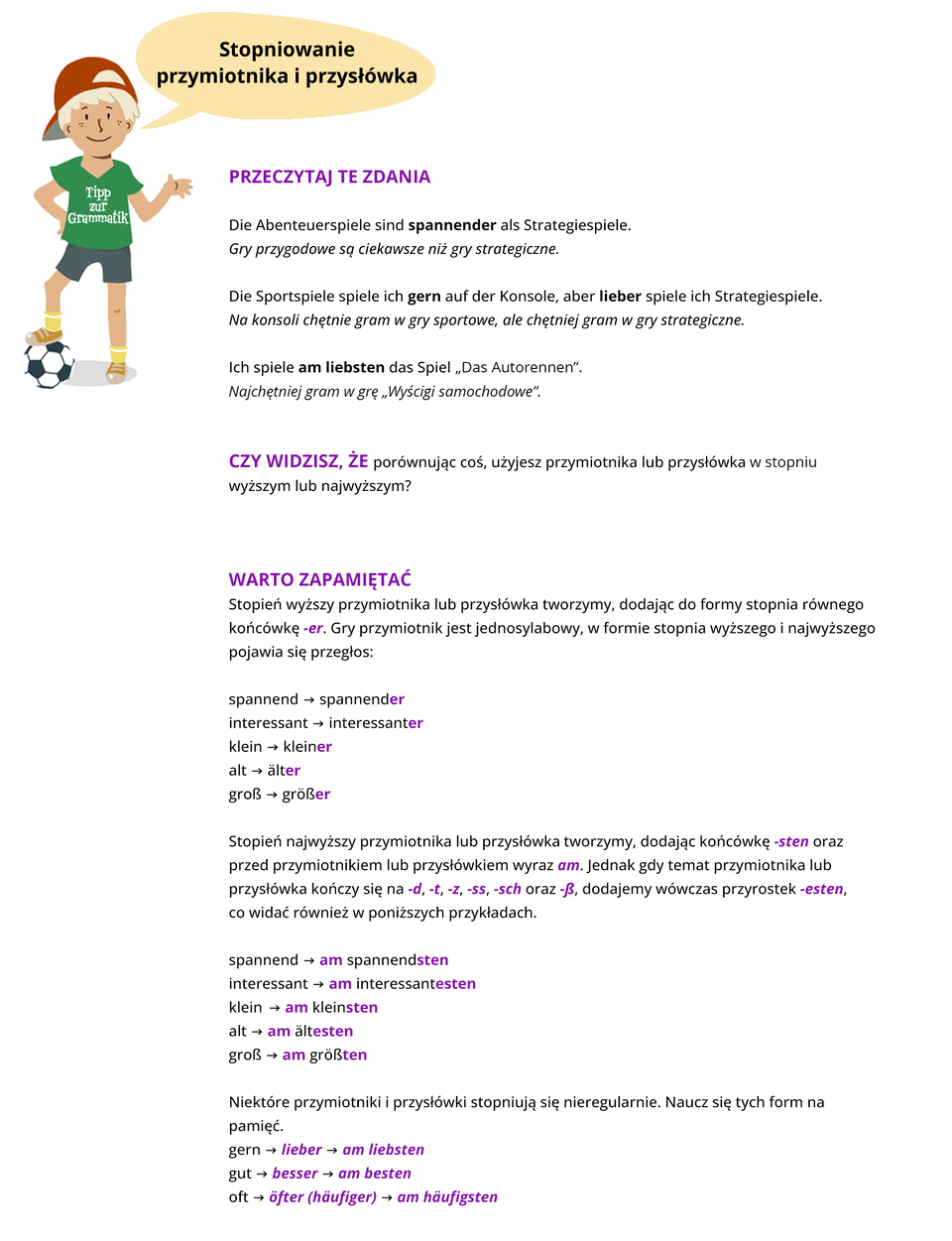 Ilustracja przedstawia poradę gramatyczną.
Grafika przedstawia chłopca w stroju sportowym i czapce. Pod stopą ma piłkę. Na koszulce widoczny jest napis Tipp zur Grammatik. Obok widoczny jest dymek zawierający napis: Stopniowanie przymiotnika i przysłówka.
Pozostałą część ilustracji stanowi tekst, którego treść wyświetla się w trybie dostępności.