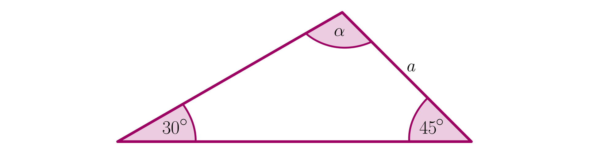 Ilustracja przedstawia trójkąt z zaznaczonymi trzema kątami. Kąt trzydziestu stopni oraz czterdziestu stopni znajduje się przy podstawie trójkąta, natomiast kąt alfa został utworzony pomiędzy dwoma ramionami figury. Jedno z ramion ma długość a.