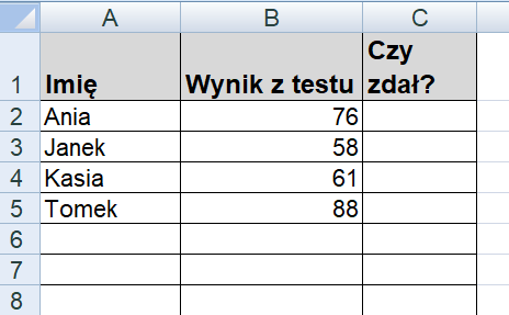 Zrzut ekranu z arkusza kalkulacyjnego, przedstawiający wprowadzone przykładowe dane zgodnie z instrukcją do zadania