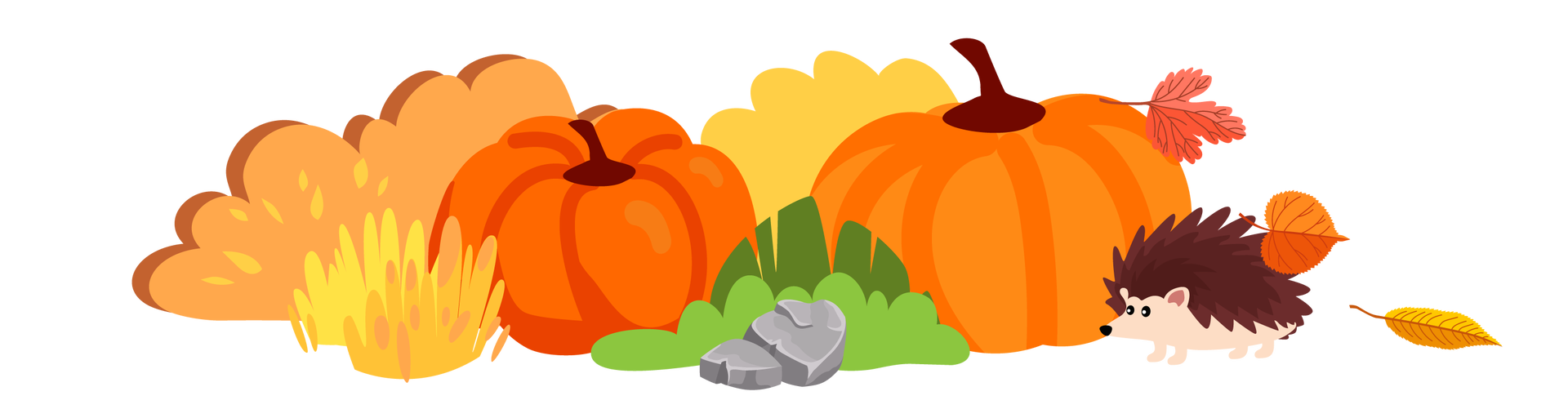 Ilustracja przedstawia jesienny krajobraz. Dookoła rosną zielone, żółte i pomarańczowe krzewy i trawy. Na środku leżą dwie duże pomarańczowe dynie. Po prawej stronie idzie jeż. Nad jeżem unoszą się trzy pomarańczowe liście. Na pierwszym planie, na środku ilustracji, leżą dwa szare kamienie.