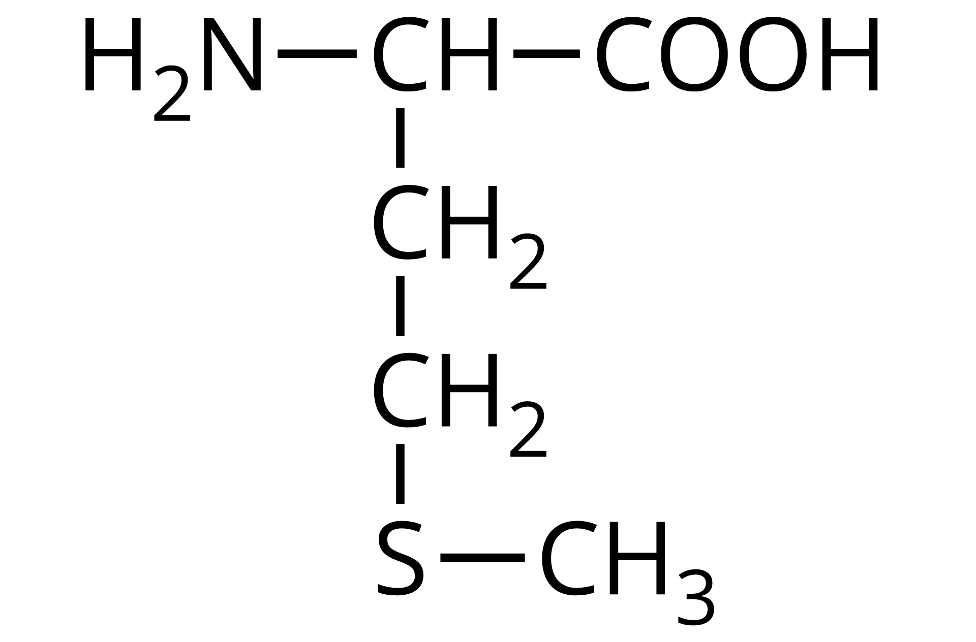 Na ilustracji jest wzór półstrukturalny: od prawej strony do lewej - grupa COOH łączy się z grupą CH. Ta w lewo łączy się z grupą aminową pierwszorzędową, a w dół z grupą metylenową. Grupa metylenowa łączy się na dole z grupą metylenową połączoną po prawej stronie z atomem siarki, który łączy się z grupą metylową. 