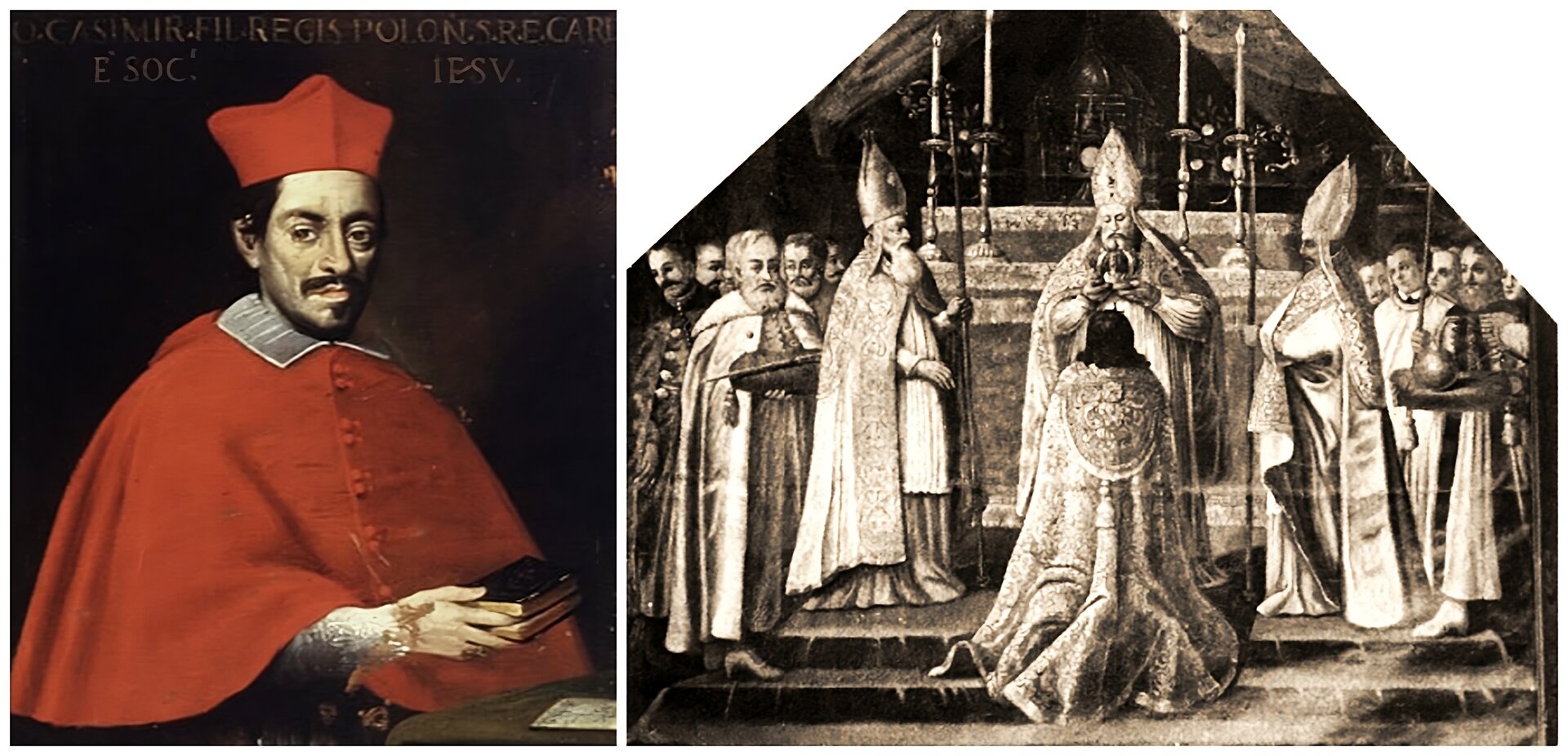 Ilustracja składa się z dwóch obrazów. Na lewo portret kardynała Jana Kazimierza Wazy, polskiego królewicza, o czym informuje napis w języku łacińskim u góry obrazu. Na ramionach ma mucet, czyli pelerynkę z czerwonego jedwabiu, spod której wystaje biały, lniany kołnierzyk. Spod mucetu wystaje również prawa dłoń w rękawie z białej koronki. Dłoń podtrzymuje modlitewnik, którego karty zaznacza wskazujący palec umieszczony między nimi. Kardynał ma surowy wyraz twarzy. Nosi wąsy i bródkę hiszpańską. Na głowie ma biret kardynalski. Na stoliku po prawej stronie leży dokument. Na prawo jest scena koronacji króla Jana II Kazimierza. Przed głównym ołtarzem w katedrze wawelskiej w centrum obrazu klęczy ubrany w płaszcz koronacyjny władca. Nad nim pochyla się prymas Maciej Łubieński, aby nałożyć mu koronę królewską na głowę. Towarzyszą mu dwaj biskupi stojący po obu stronach króla. Z lewej strony obrazu zgromadziła się grupa szlachty na czele z miecznikiem koronnym, który trzyma na poduszce miecz koronacyjny. Po prawej stronie jest grupa duchowieństwa. Na przedzie stoi kasztelan sandomierski, trzymając poduszkę z jabłkiem królewskim. 