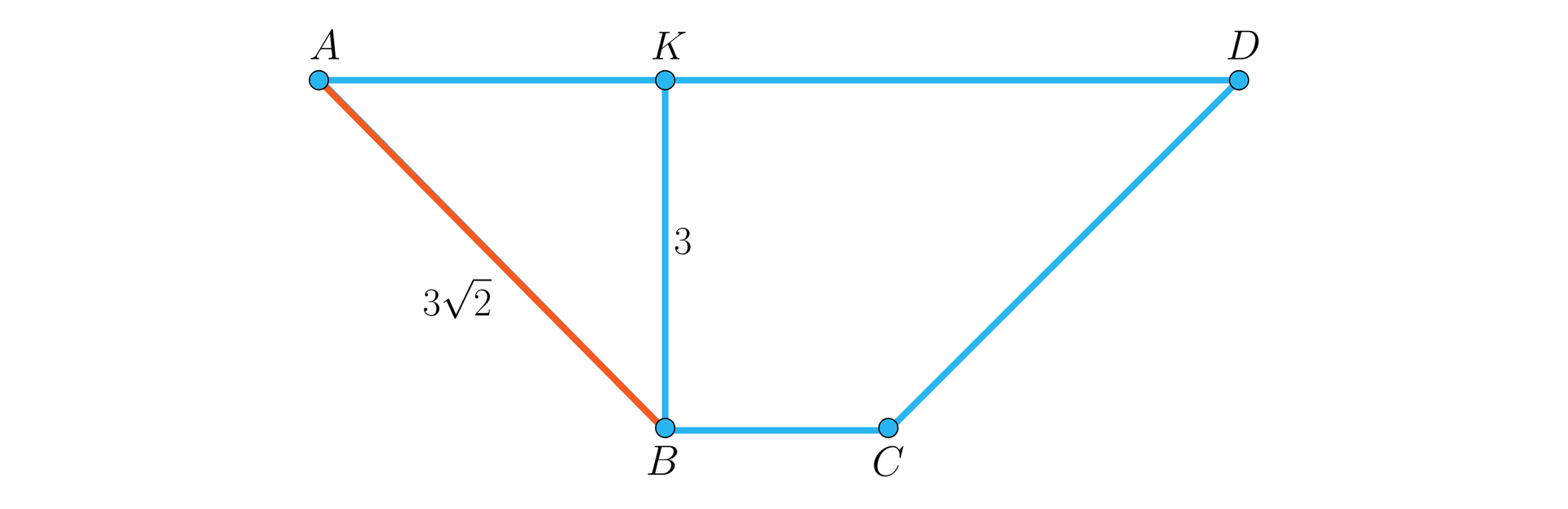 Rysunek przedstawia trapez A, B, C, D, przy czym BC to krótsza podstawa, a AD to dłuższa podstawa. Ramię AB ma długość 32. Z punktu B poprowadzono wysokość trapezu. Punkt przecięcia się wysokości i podstawy AD podpisano literą K. Wysokość ma długość trzy.