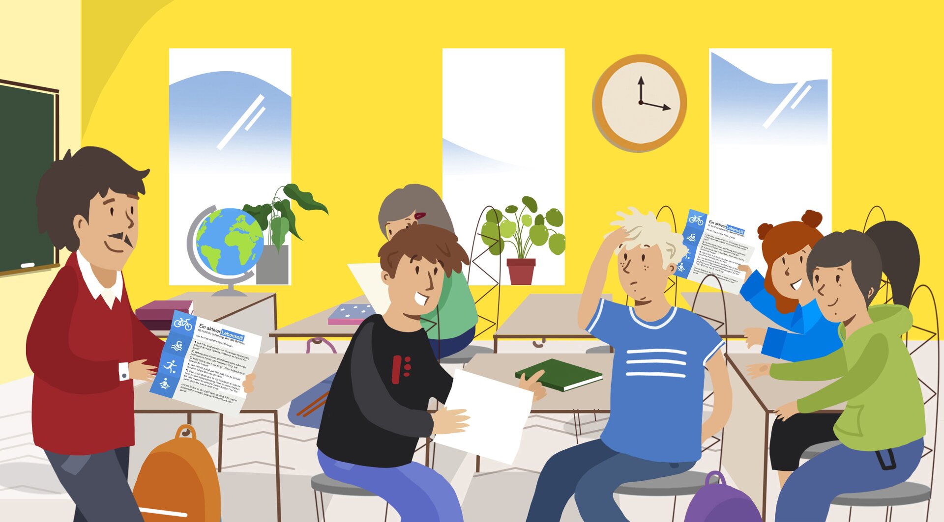 Ilustracja przedstawia uczniów w klasie rozmawiających o wskazówkach