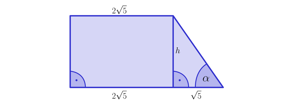 Ilustracja przedstawia trapez prostokątny, przy czym prawe ramię nachylone jest do dolnej podstawy pod ostrym kątem alfa. Górna podstawa ma długość dwa pierwiastek kwadratowy z pięć koniec pierwiastka, a dolna trzy pierwiastek kwadratowy z pięć koniec pierwiastka.  Z prawego górnego wierzchołka upuszczono wysokość h, która dzieli trapez na dwie figury: pierwsza to trójkąt prostokątny o pionowej przyprostokątnej h i o poziomej przyprostokątnej o długości pierwiastek kwadratowy z pięć., druga to prostokąt o wymiarach 2 pierwiastki z 5 na h.