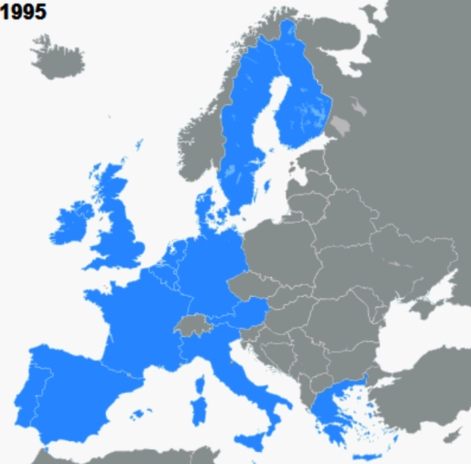 Mapa polityczna Europy. Państwa członkowskie UE oznaczane są kolorem niebieskim, w lewym górnym rogu przedstawiono rok ich dołączenia do wspólnoty. Pozostałe państwa naniesiono kolorem szarym. 1995 - Austria, Finlandia, Szwecja. 
